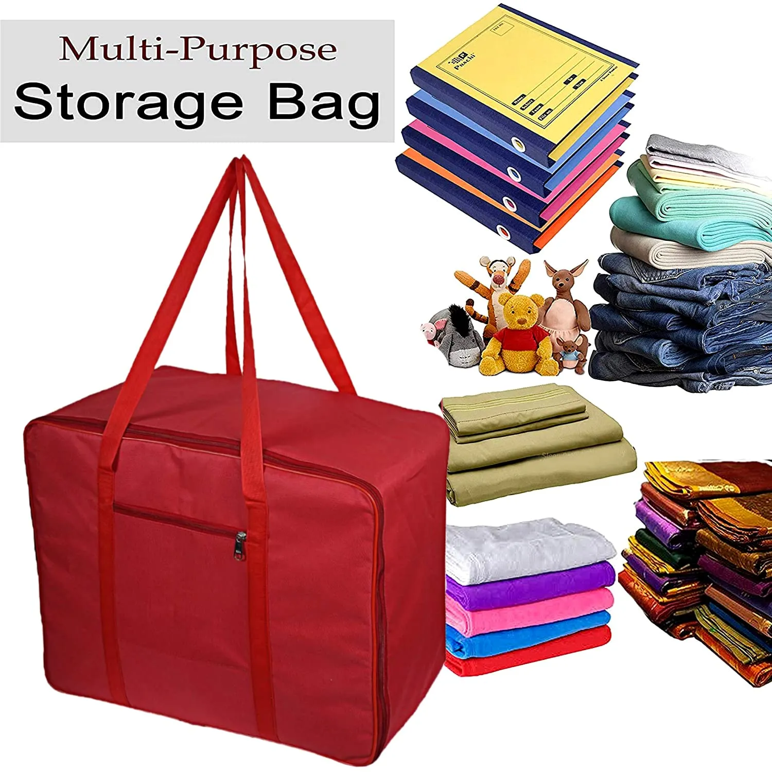 Heart Home Moisture Proof Wardrobe Organizer Storage Bag For Clothes With Zipper Closure and Handle- Pack of 2 (Red)-HS43HEARTH26643