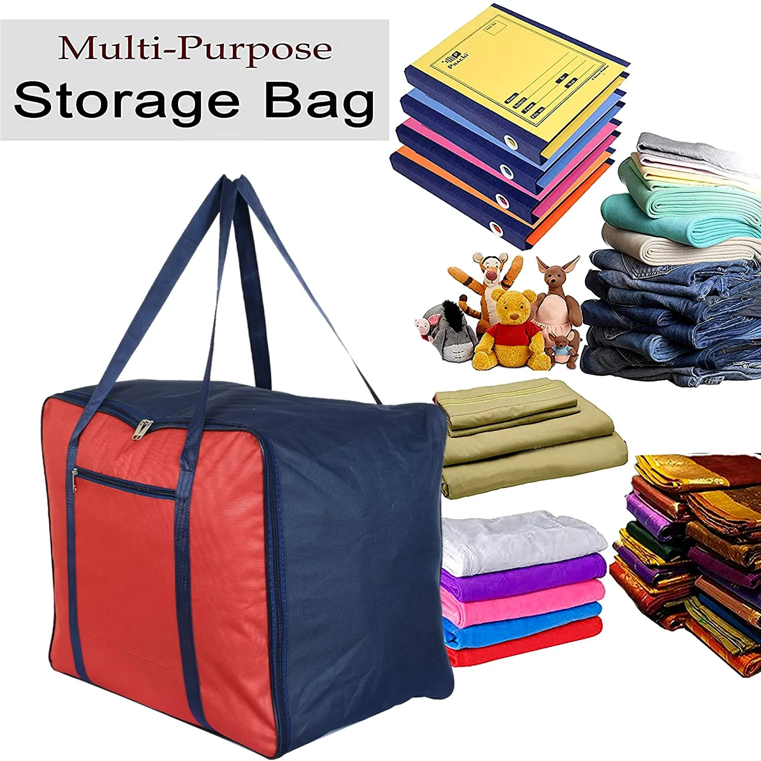 Heart Home Moisture Proof Wardrobe Organizer Storage Bag For Clothes With Zipper Closure and Handle (Red & Blue)-HS43HEARTH26657