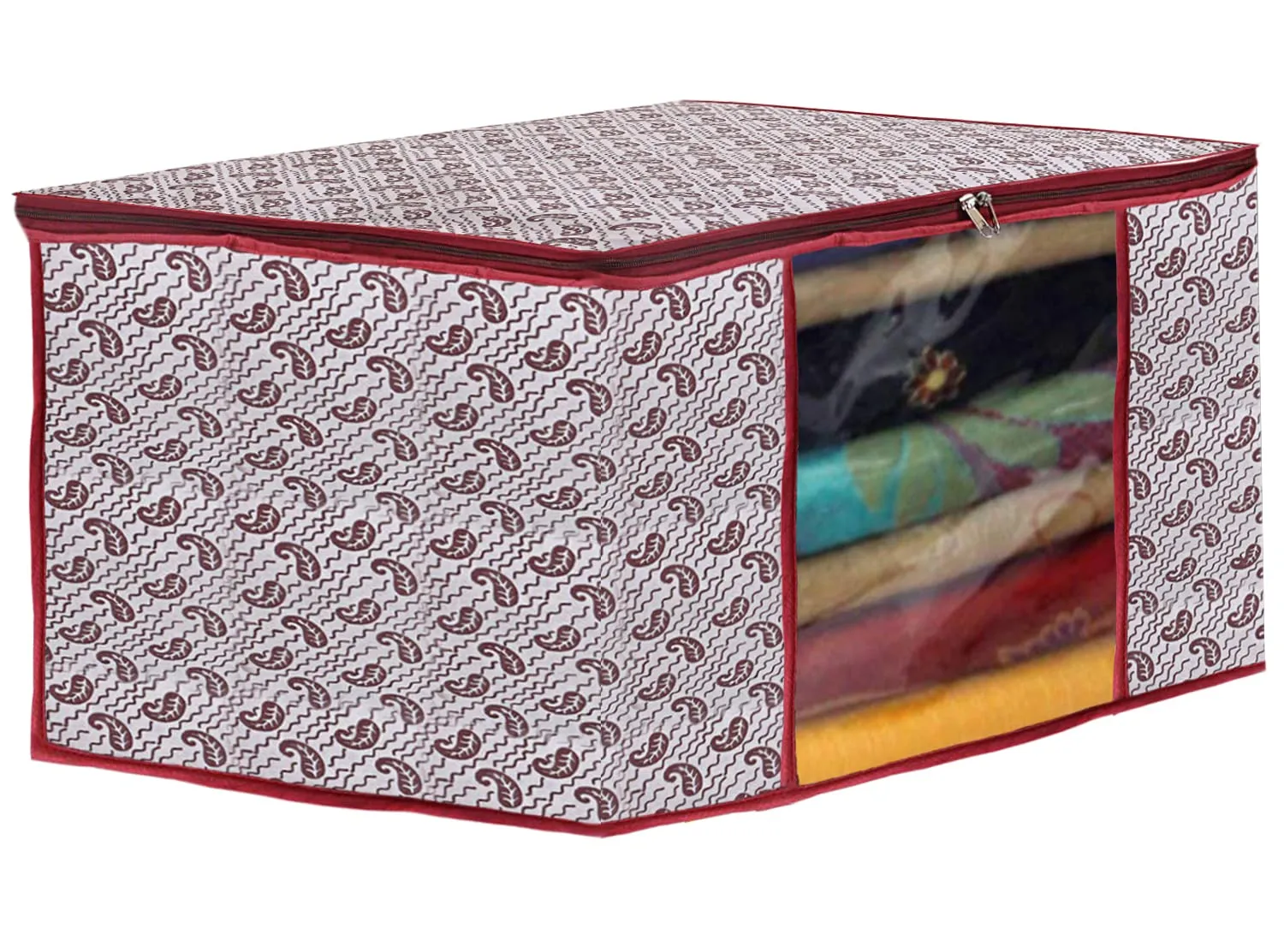 Heart Home Paisley Design Non-woven Foldable Saree Cover/Clothes Storage Bag/Wardrobe Organizer With Transparent Window- Pack of 12 (White)-44HH0351