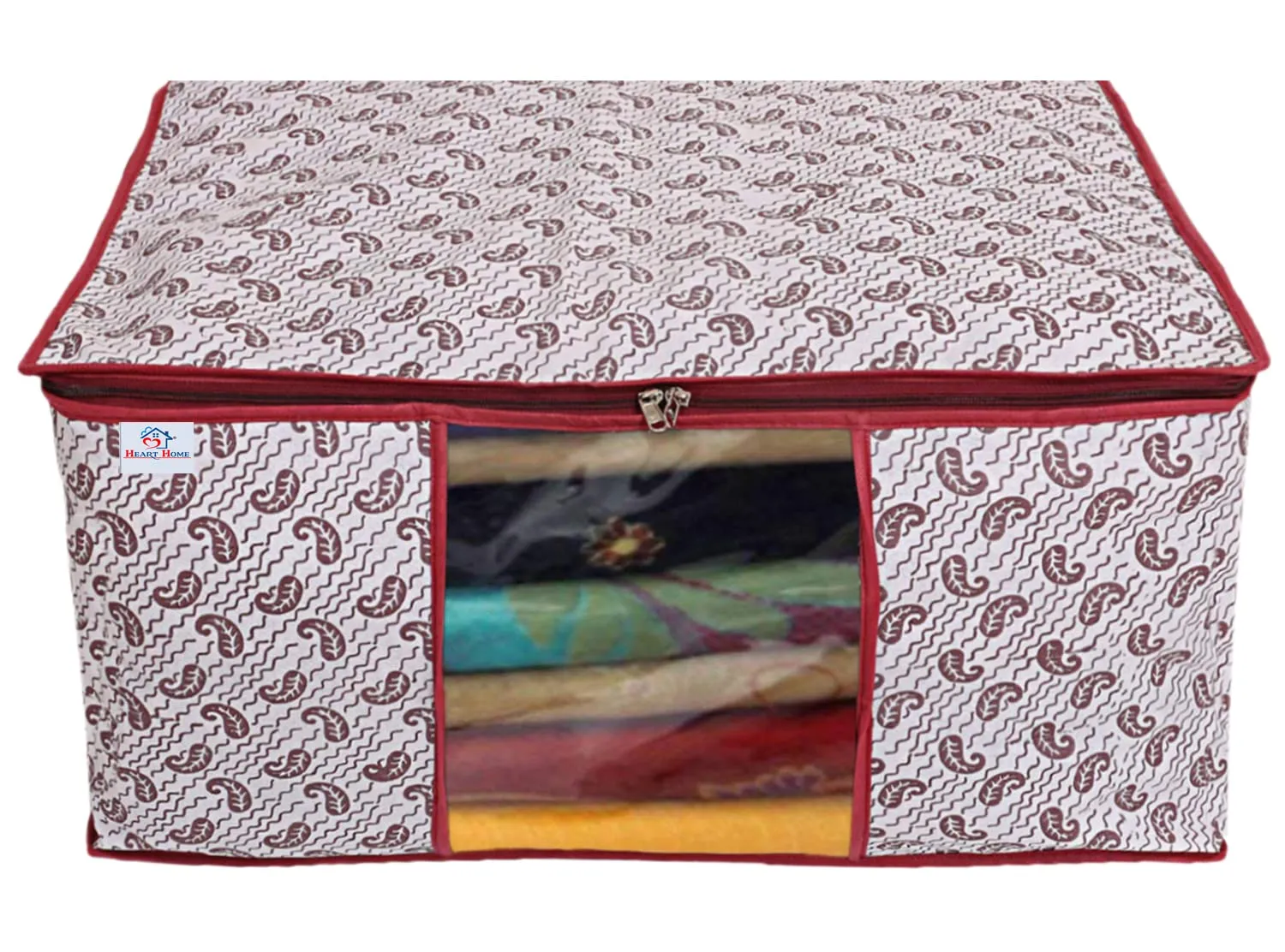 Heart Home Paisley Design Non-woven Foldable Saree Cover/Clothes Storage Bag/Wardrobe Organizer With Transparent Window- Pack of 12 (White)-44HH0351
