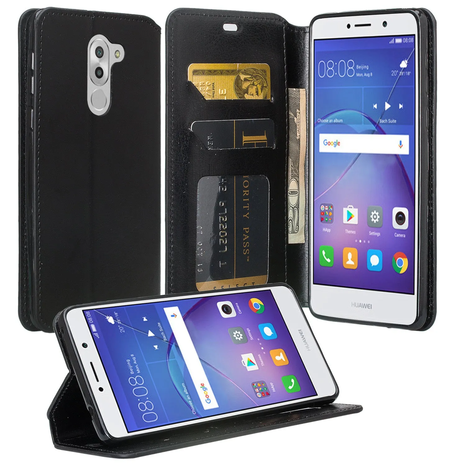 Huawei Honor 6X Case, Mate 9 Lite, GR5 2017 Slim Magnetic Flip Fold[Kickstand] Pu Leather Wallet Case with ID & Credit Card Slots for Mate 9 Lite - Black