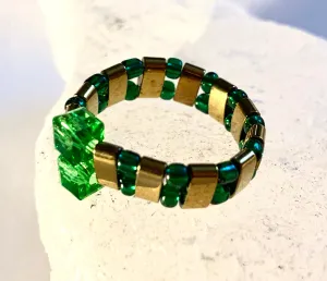 Kryppto Handmade Gold Plated Hematite, Austrian Crystal, and Seed Bead Expandable Ring