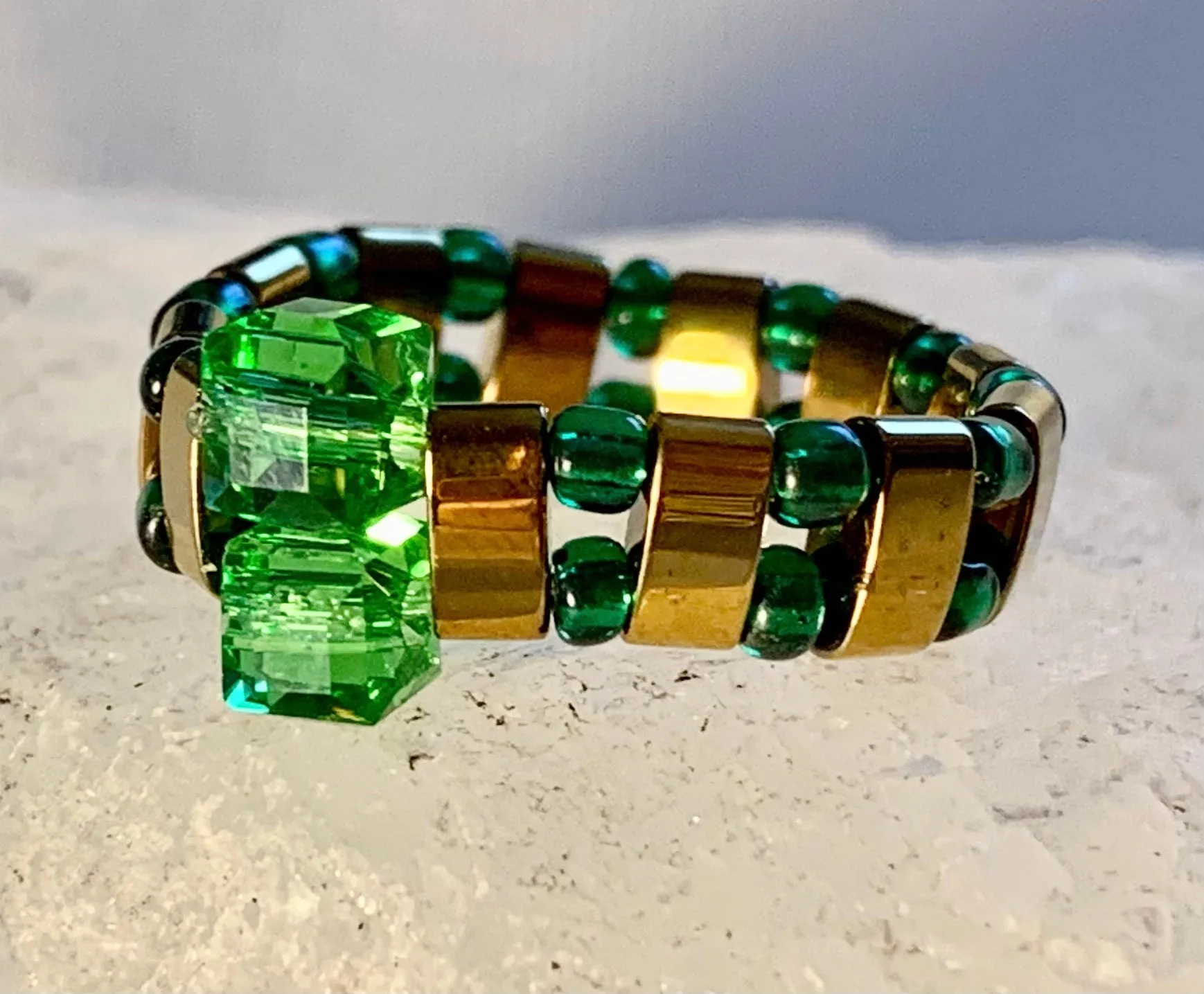 Kryppto Handmade Gold Plated Hematite, Austrian Crystal, and Seed Bead Expandable Ring