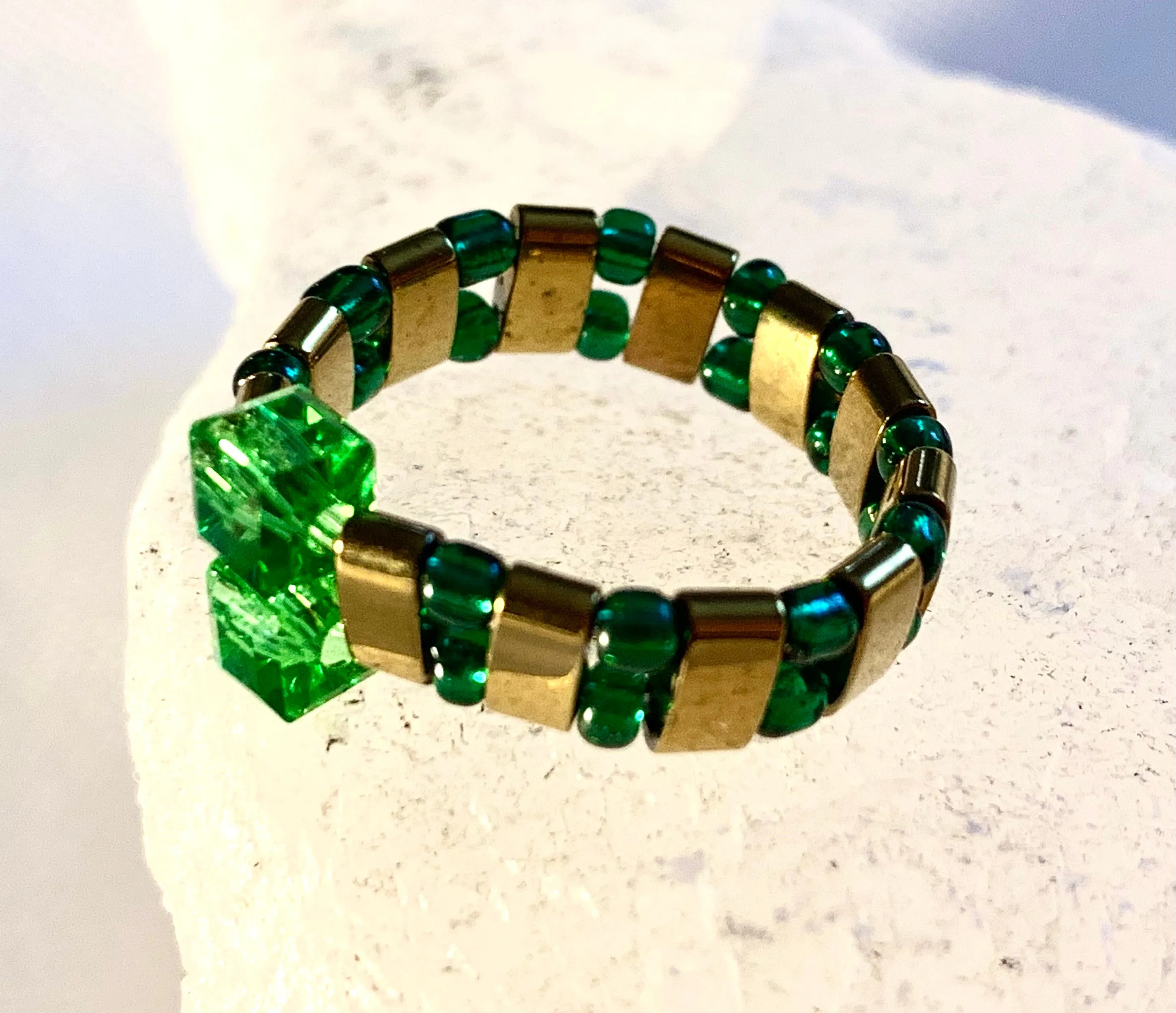 Kryppto Handmade Gold Plated Hematite, Austrian Crystal, and Seed Bead Expandable Ring