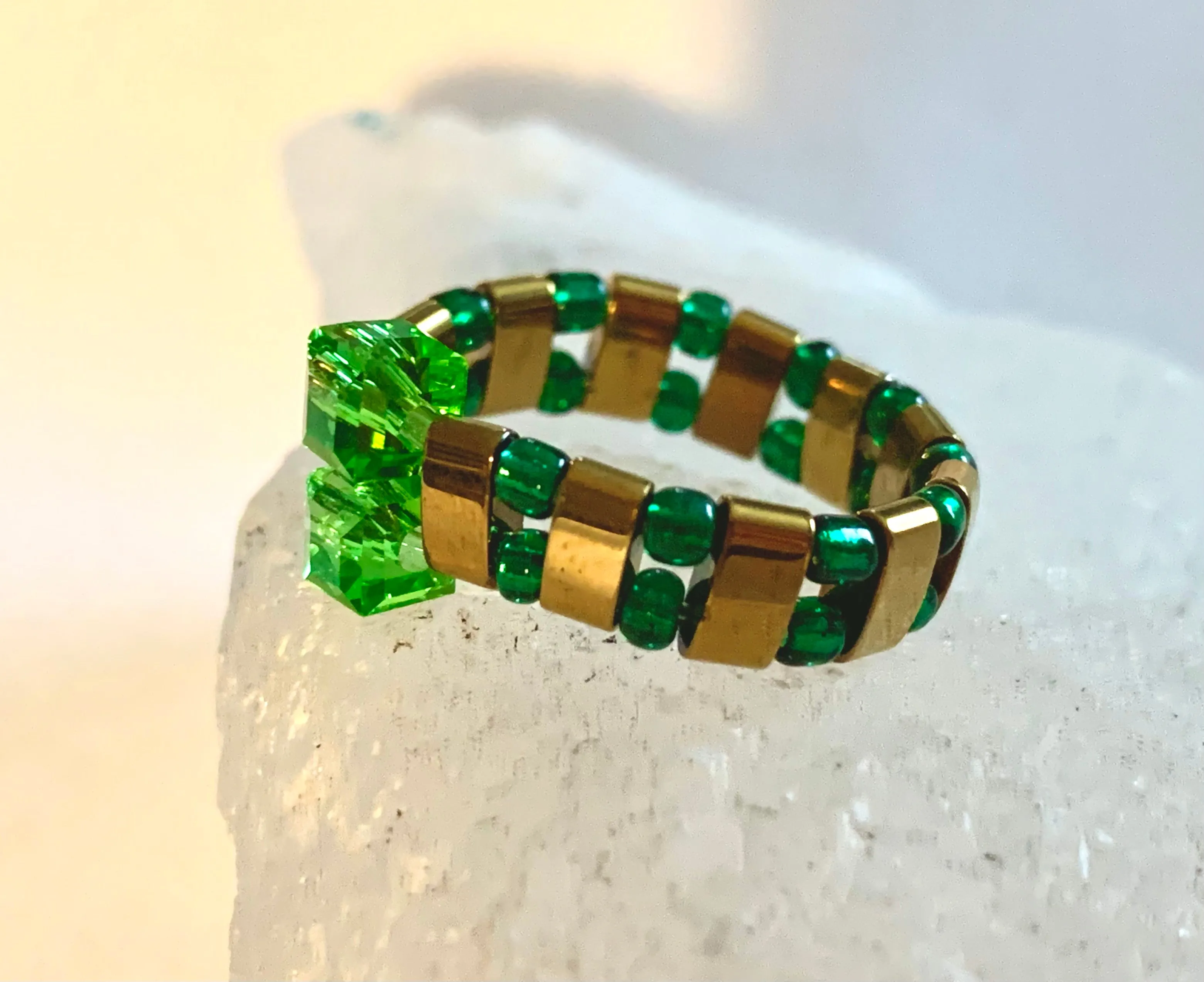 Kryppto Handmade Gold Plated Hematite, Austrian Crystal, and Seed Bead Expandable Ring