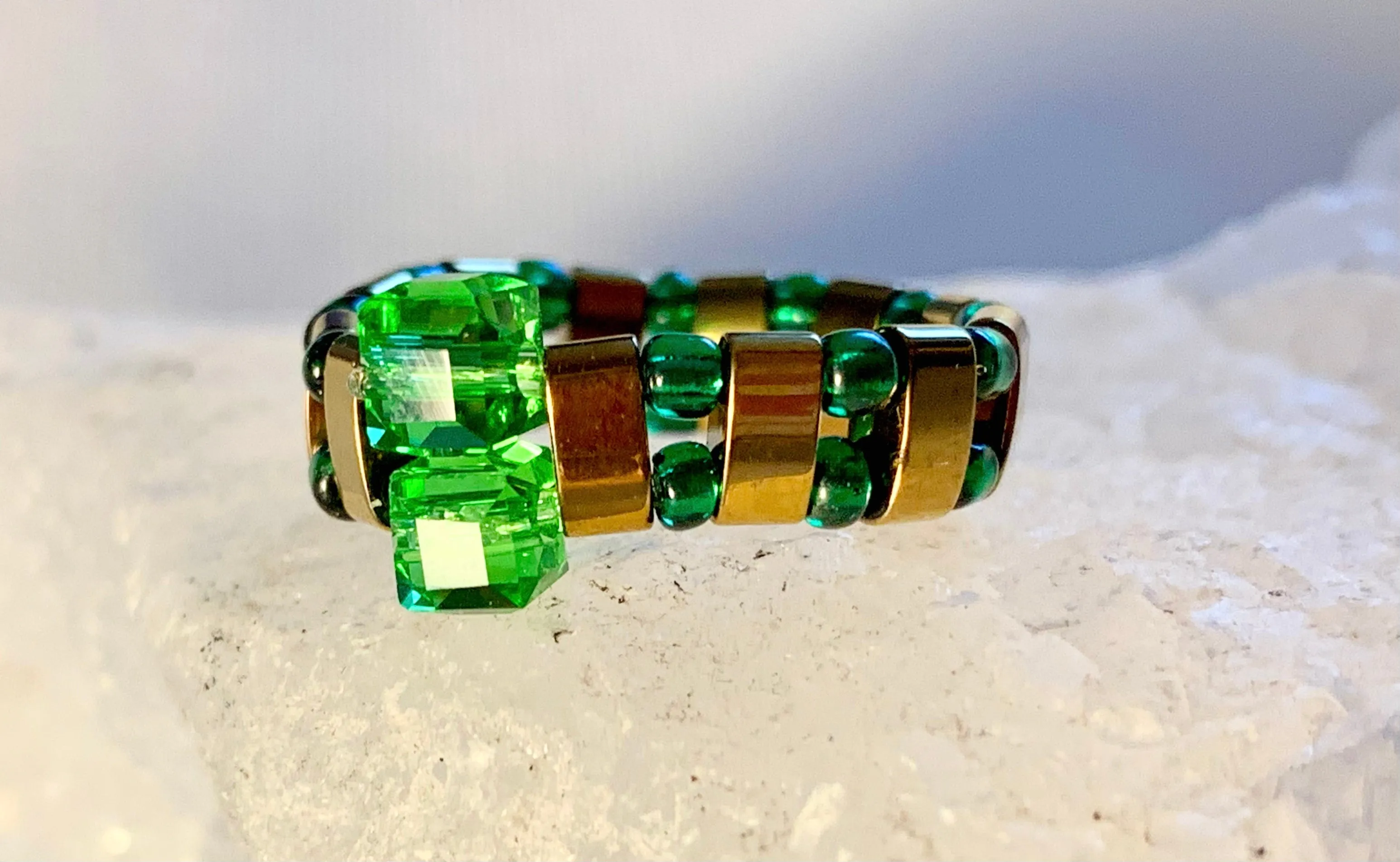 Kryppto Handmade Gold Plated Hematite, Austrian Crystal, and Seed Bead Expandable Ring