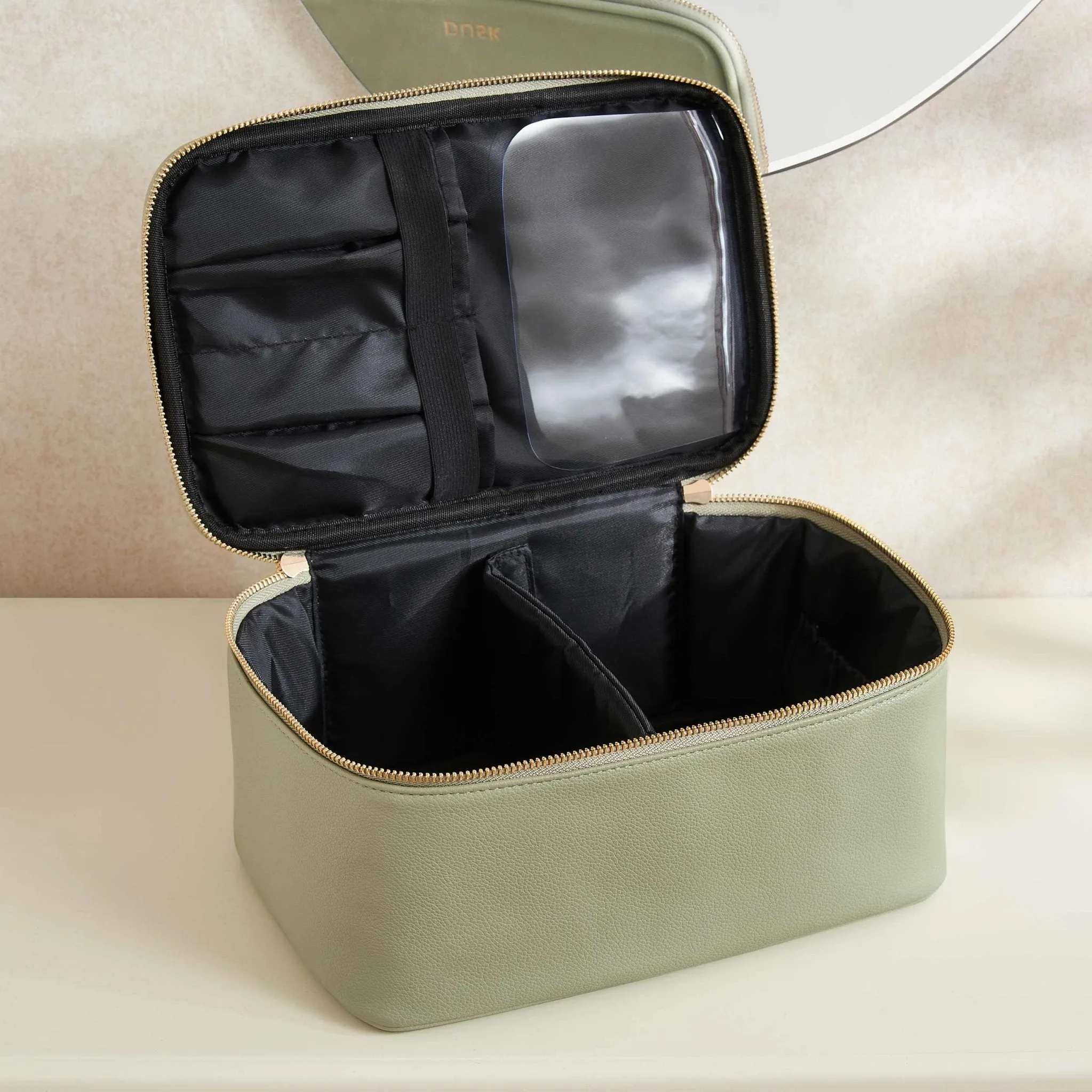 Large Branded Makeup Bag - Faux Leather - Sage