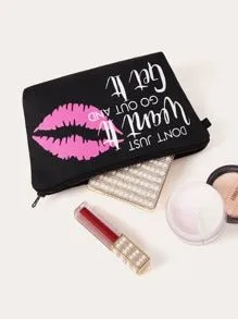Letter & Kiss Print Makeup Bag