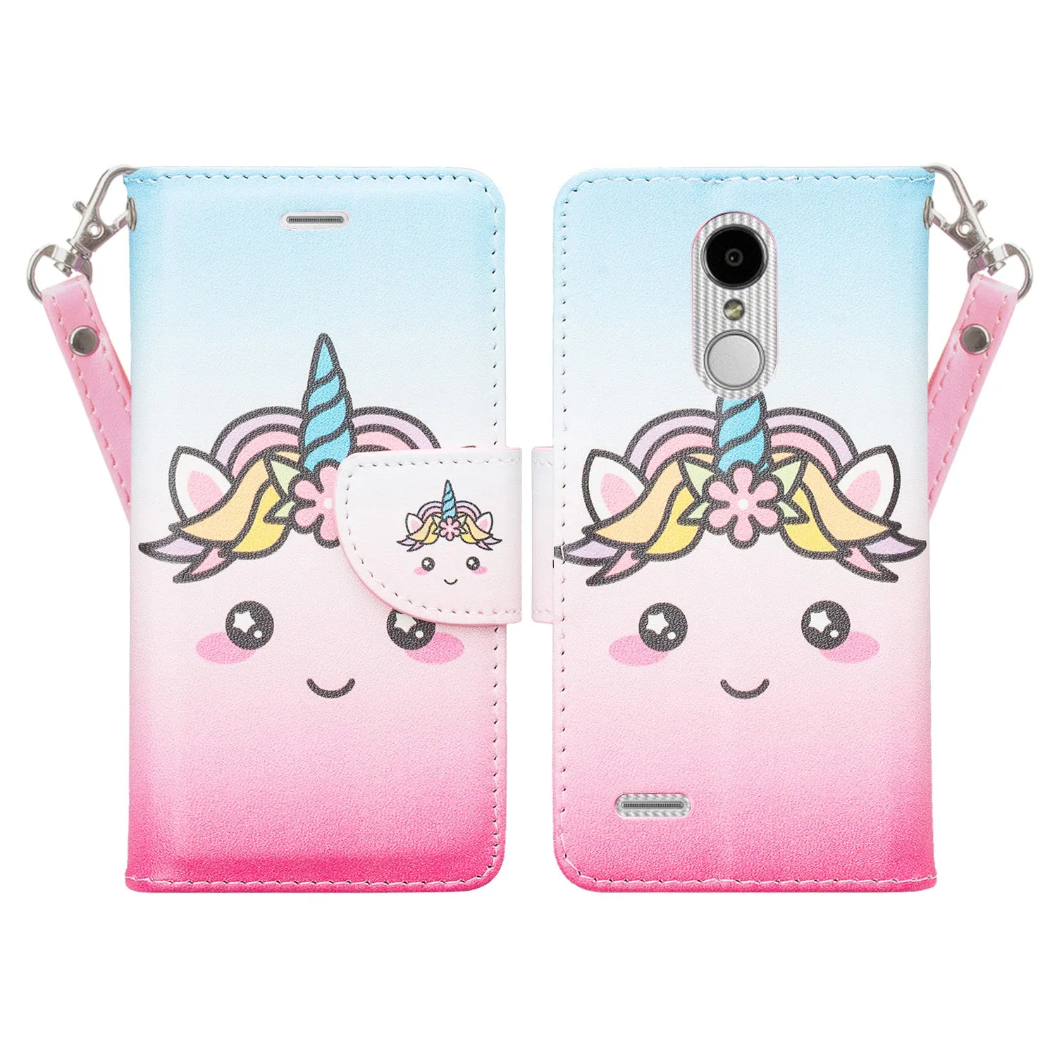 LG Aristo 2 Plus Case, Aristo 2, LG Tribute Dynasty, Rebel 3, Zone 4, Slim Flip Folio [Kickstand] Pu Leather Wallet Wristlet Cover Slots & Wrist Strap - White Unicorn