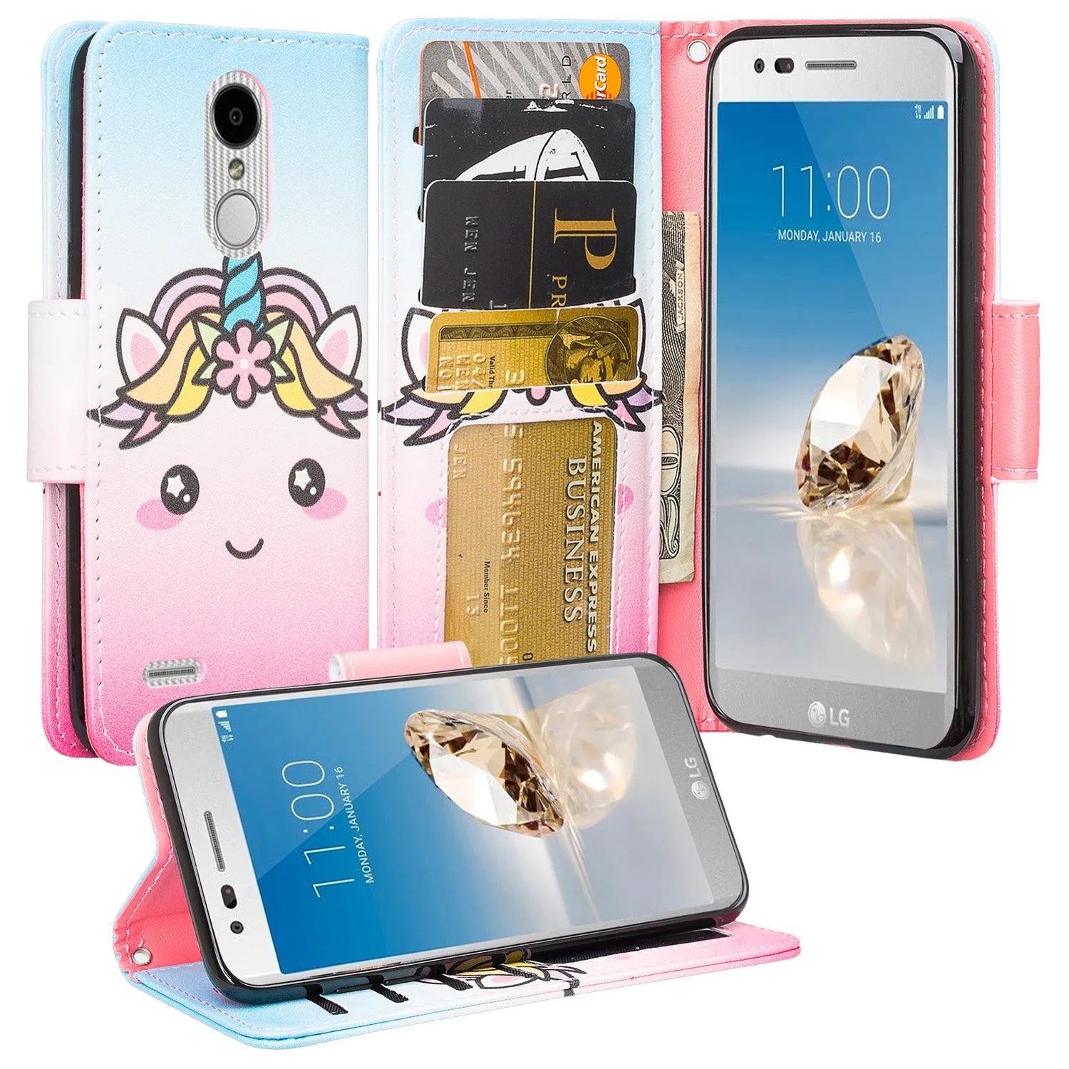 LG Aristo 2 Plus Case, Aristo 2, LG Tribute Dynasty, Rebel 3, Zone 4, Slim Flip Folio [Kickstand] Pu Leather Wallet Wristlet Cover Slots & Wrist Strap - White Unicorn