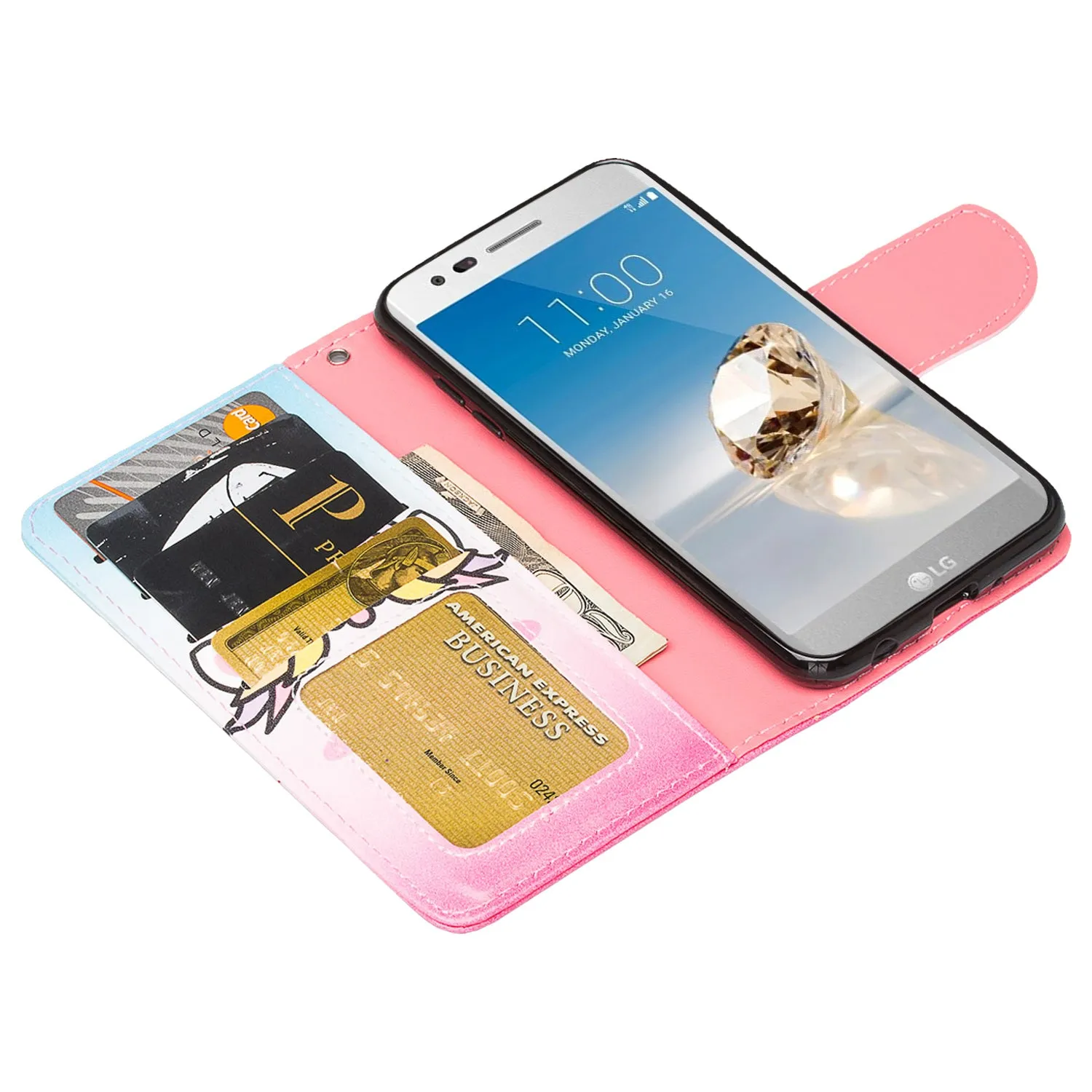 LG Aristo 2 Plus Case, Aristo 2, LG Tribute Dynasty, Rebel 3, Zone 4, Slim Flip Folio [Kickstand] Pu Leather Wallet Wristlet Cover Slots & Wrist Strap - White Unicorn