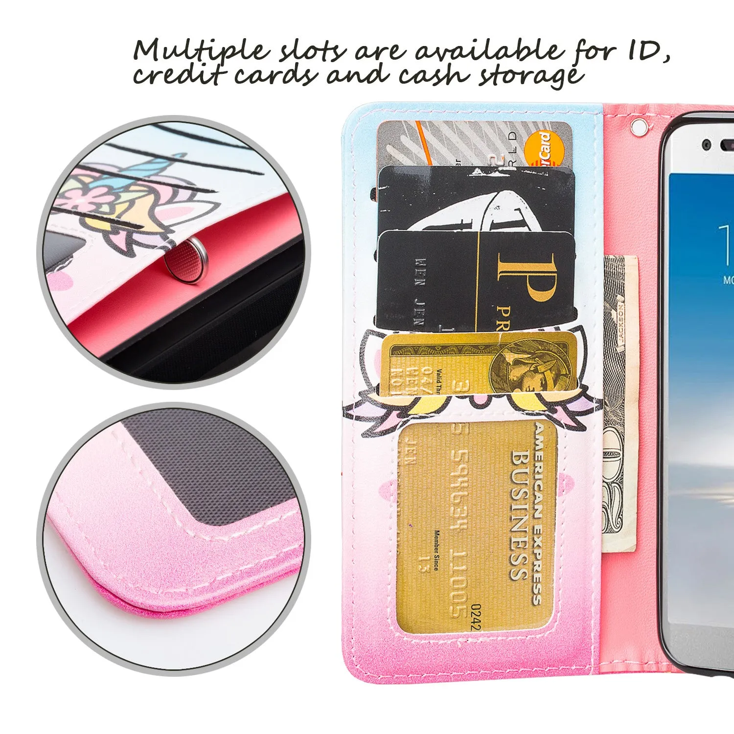 LG Aristo 2 Plus Case, Aristo 2, LG Tribute Dynasty, Rebel 3, Zone 4, Slim Flip Folio [Kickstand] Pu Leather Wallet Wristlet Cover Slots & Wrist Strap - White Unicorn