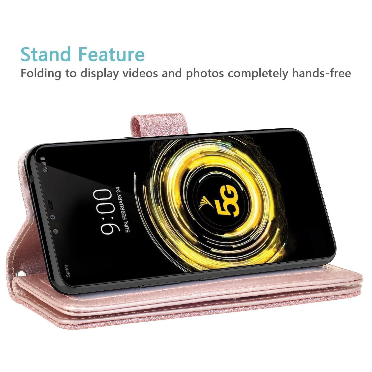 LG G8 ThinQ Case, LM-G820 Case, Glitter Faux Leather Flip Credit Card Holder Wrist Strap Shockproof Protective Wallet Case Clutch for LG G8 ThinQ - Rose Gold