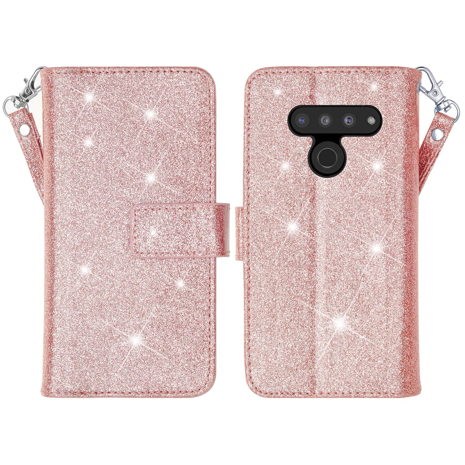 LG G8 ThinQ Case, LM-G820 Case, Glitter Faux Leather Flip Credit Card Holder Wrist Strap Shockproof Protective Wallet Case Clutch for LG G8 ThinQ - Rose Gold