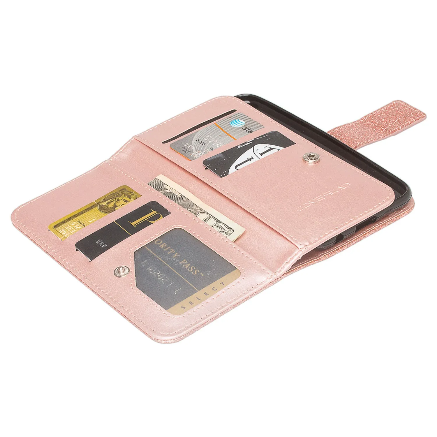 LG G8 ThinQ Case, LM-G820 Case, Glitter Faux Leather Flip Credit Card Holder Wrist Strap Shockproof Protective Wallet Case Clutch for LG G8 ThinQ - Rose Gold