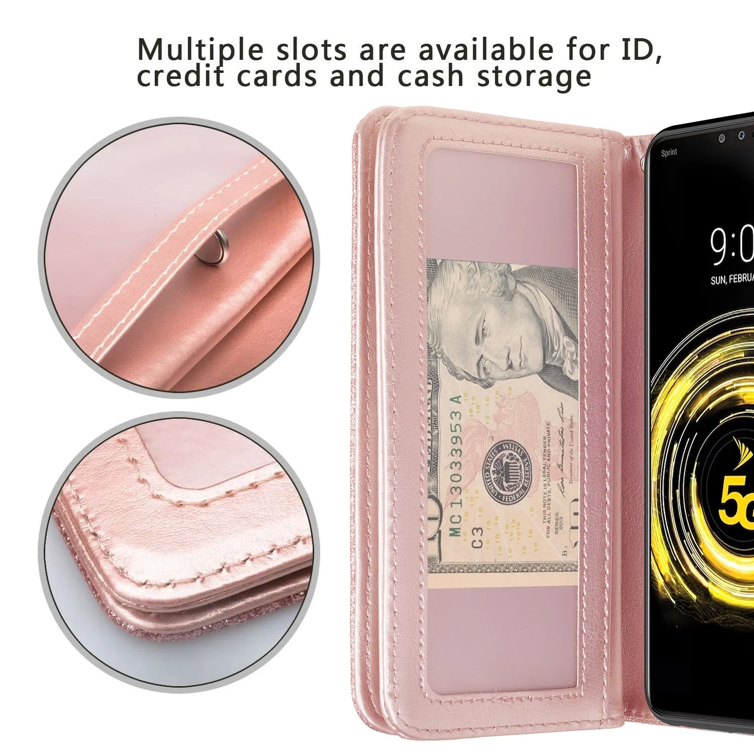LG G8 ThinQ Case, LM-G820 Case, Glitter Faux Leather Flip Credit Card Holder Wrist Strap Shockproof Protective Wallet Case Clutch for LG G8 ThinQ - Rose Gold