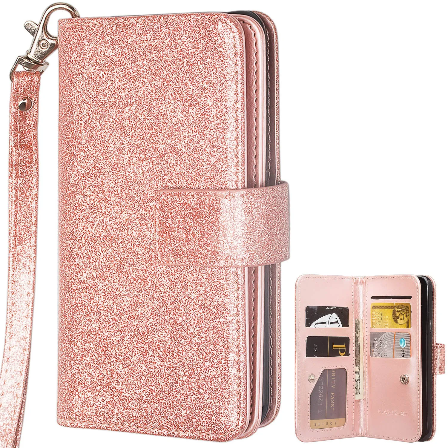 LG G8 ThinQ Case, LM-G820 Case, Glitter Faux Leather Flip Credit Card Holder Wrist Strap Shockproof Protective Wallet Case Clutch for LG G8 ThinQ - Rose Gold