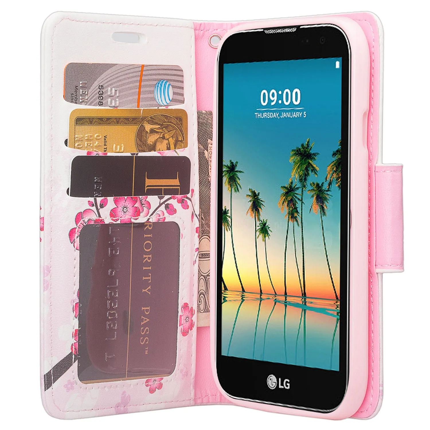 LG K3 (2017) Wallet Case, Wrist Strap Pu Leather Magnetic Flip Fold[Kickstand] with ID & Card Slots for LG K3 (2017)- Cherry Blossom