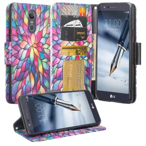 LG K40/Xpression Plus 2/K12 Plus/X4 2019/Harmony 3/LG Solo Wallet Case, Wrist Strap Pu Leather Wallet Case [Kickstand] with ID & Credit Card Slots - Rainbow Flower