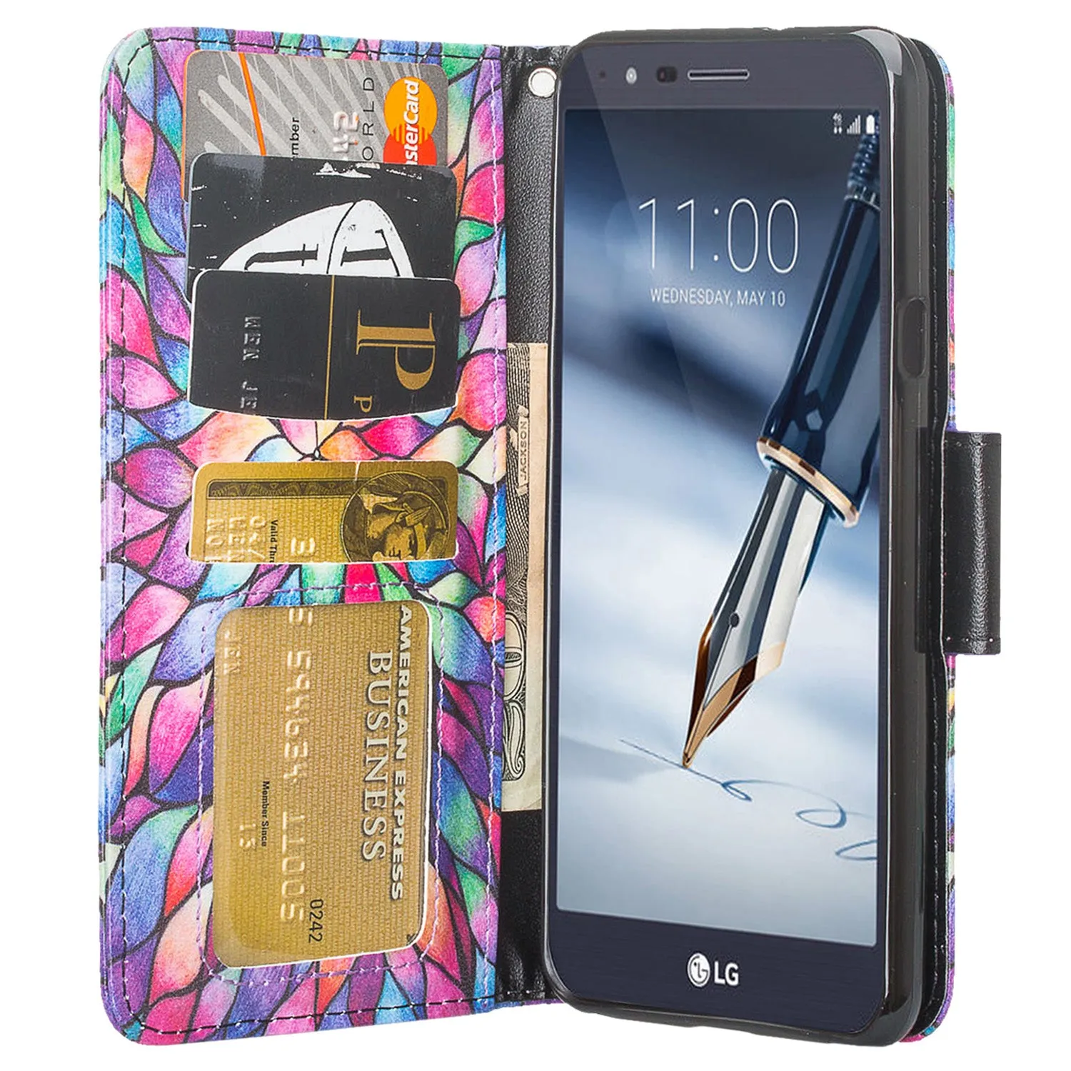 LG K40/Xpression Plus 2/K12 Plus/X4 2019/Harmony 3/LG Solo Wallet Case, Wrist Strap Pu Leather Wallet Case [Kickstand] with ID & Credit Card Slots - Rainbow Flower