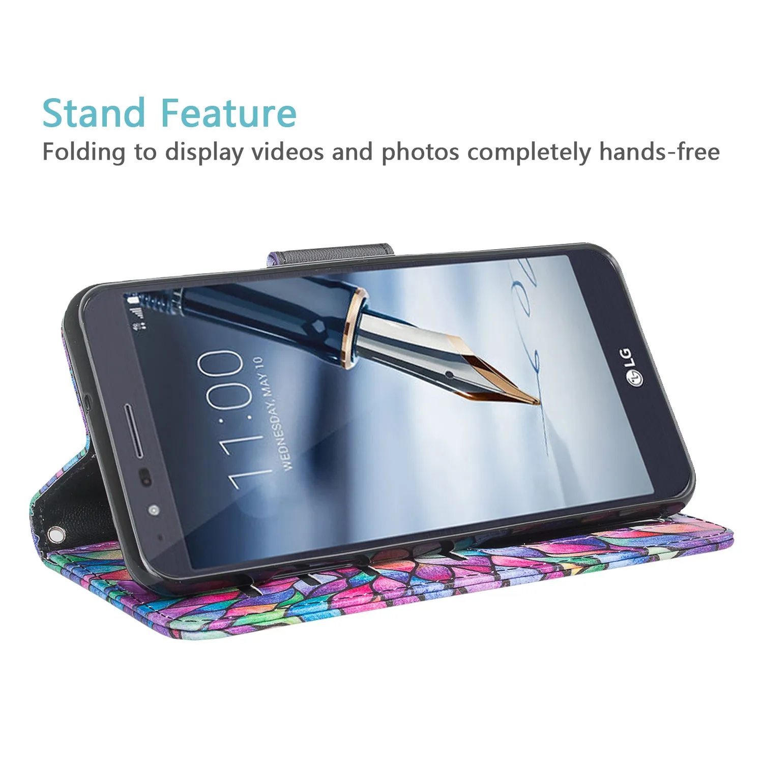 LG K40/Xpression Plus 2/K12 Plus/X4 2019/Harmony 3/LG Solo Wallet Case, Wrist Strap Pu Leather Wallet Case [Kickstand] with ID & Credit Card Slots - Rainbow Flower