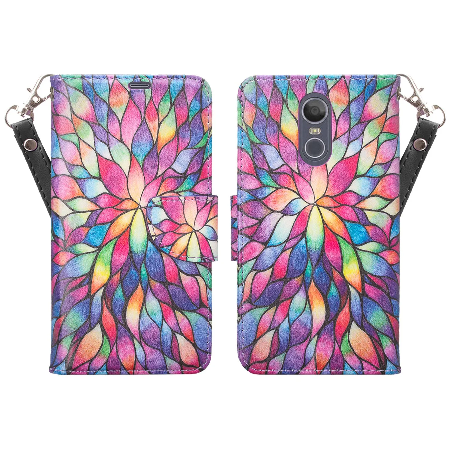 LG K40/Xpression Plus 2/K12 Plus/X4 2019/Harmony 3/LG Solo Wallet Case, Wrist Strap Pu Leather Wallet Case [Kickstand] with ID & Credit Card Slots - Rainbow Flower