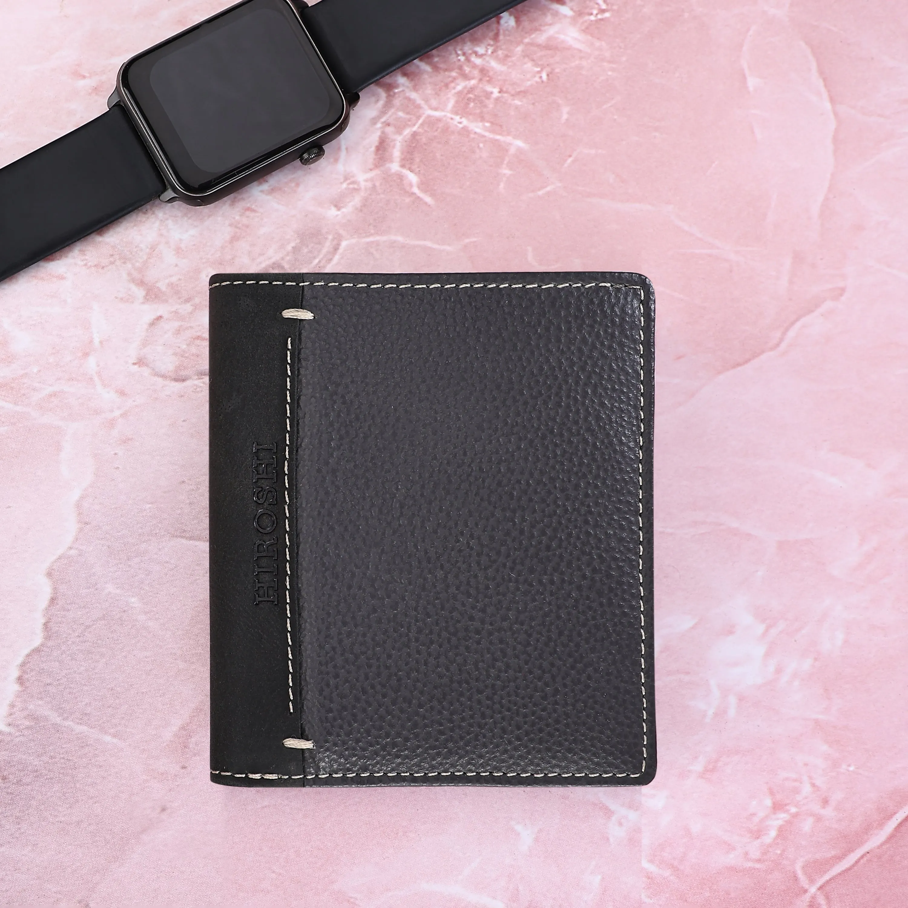 Men's Grey Leather Fold Wallet - Hiroshi