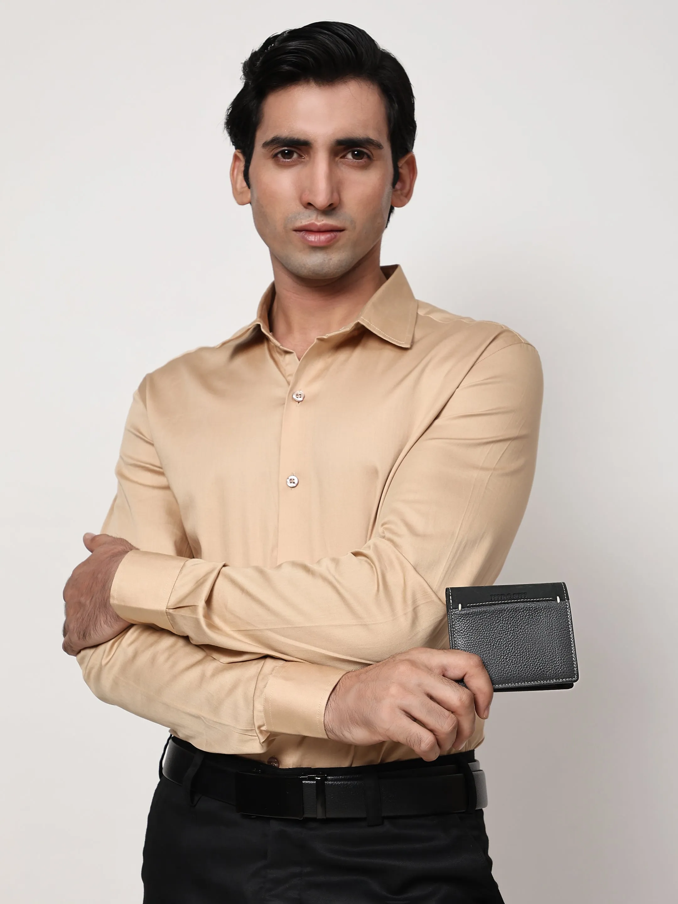 Men's Grey Leather Fold Wallet - Hiroshi