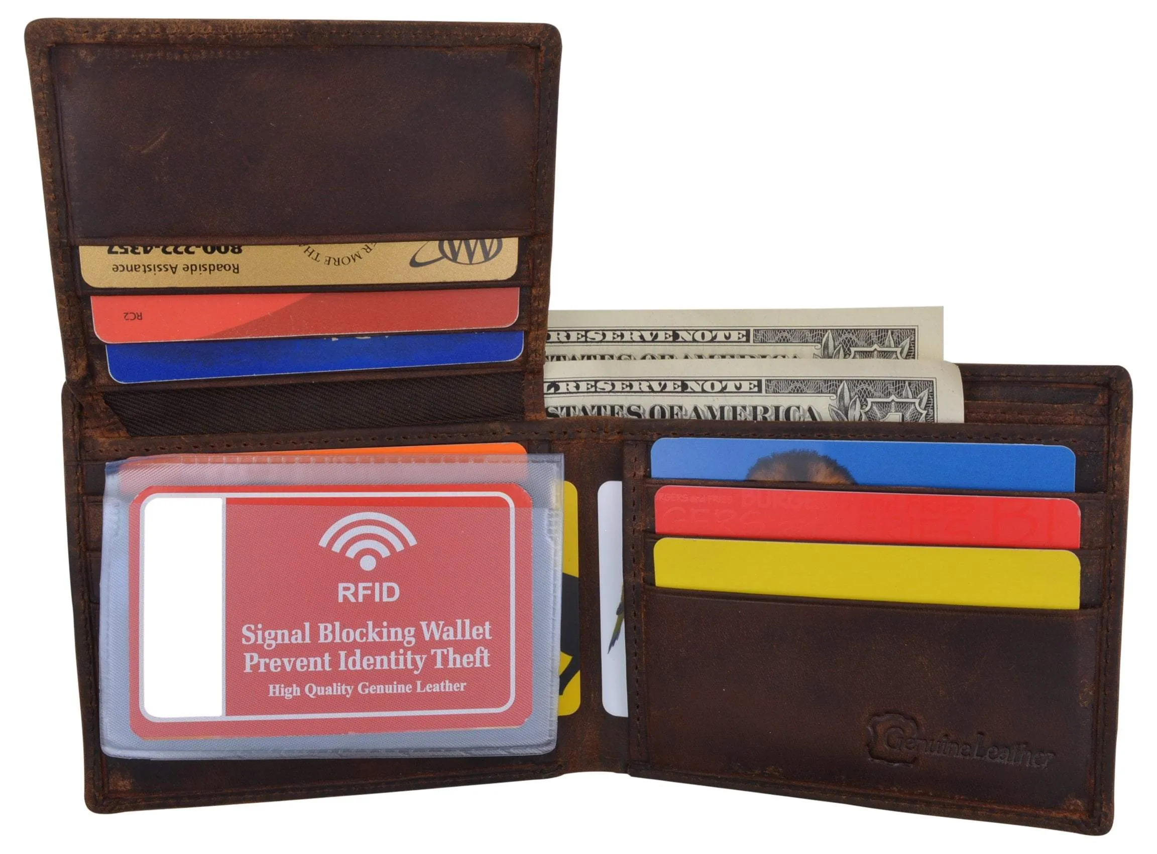Mens RFID Blocking Cowhide Leather Bifold Wallet Statue of Liberty Logo