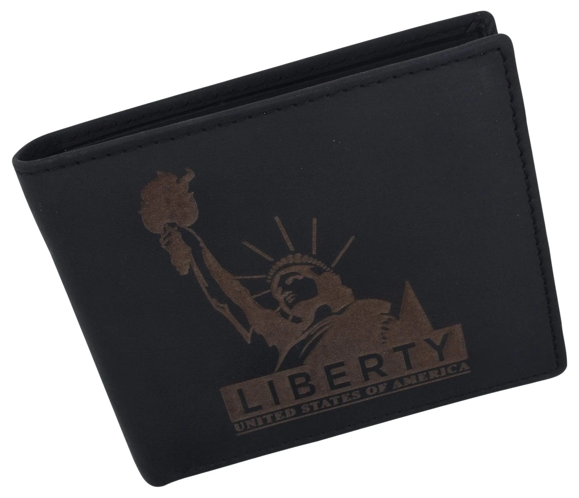 Mens RFID Blocking Cowhide Leather Bifold Wallet Statue of Liberty Logo