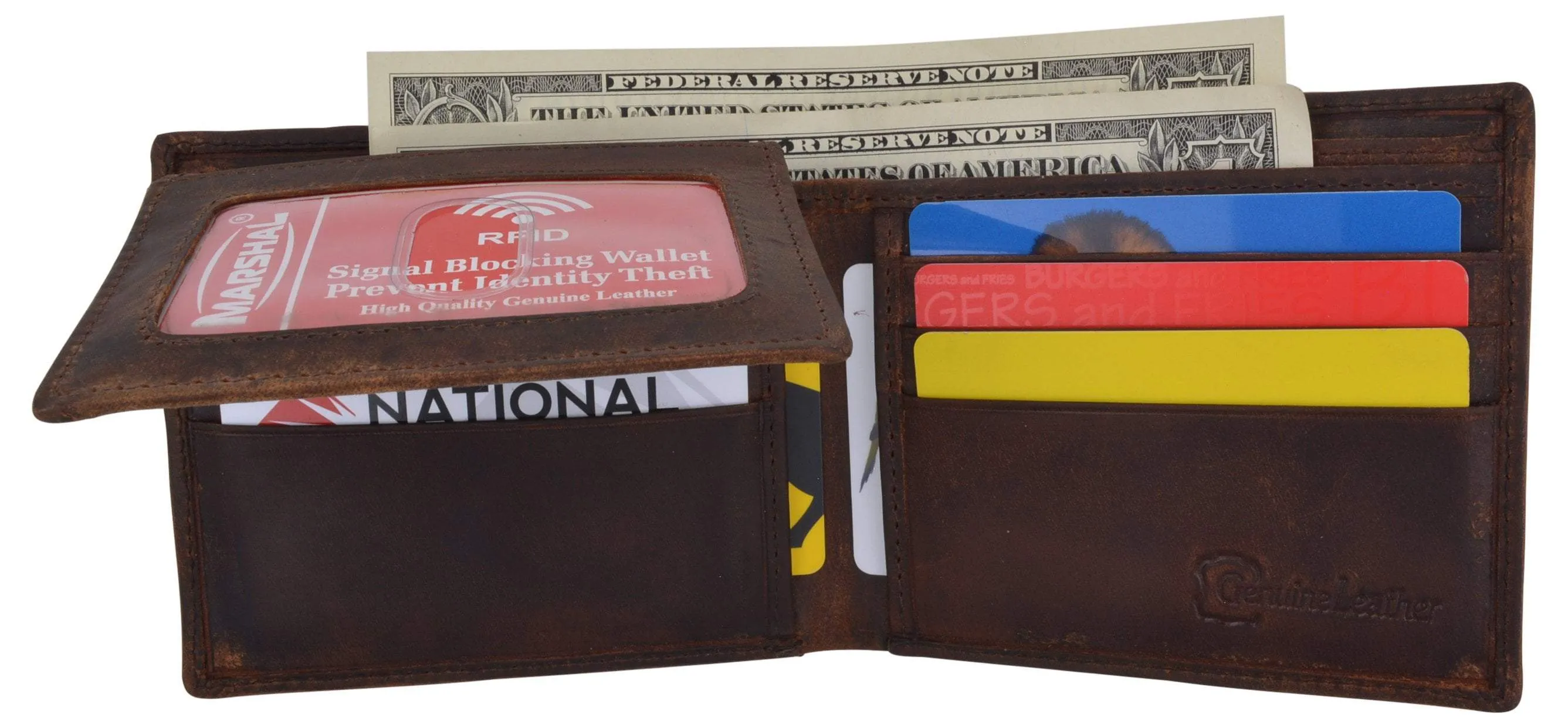 Mens RFID Blocking Cowhide Leather Bifold Wallet Statue of Liberty Logo
