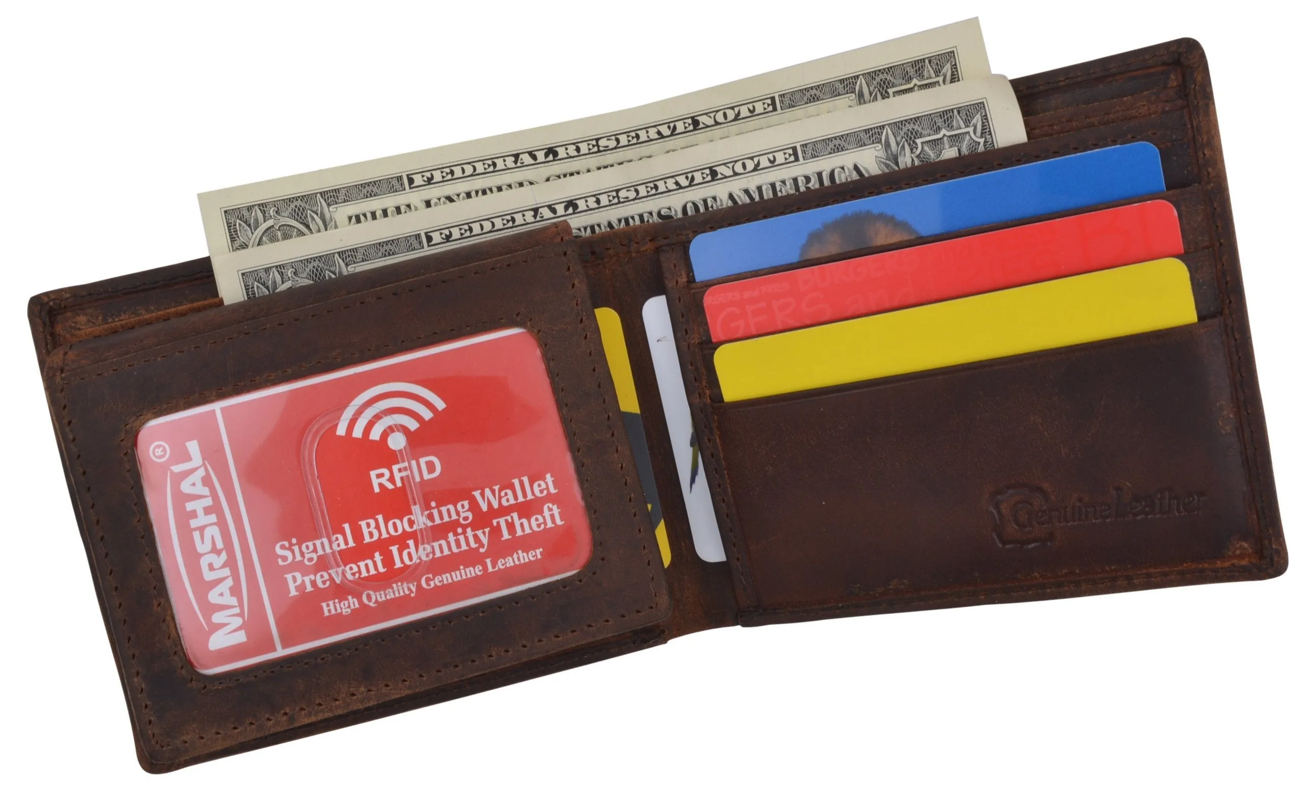 Mens RFID Blocking Cowhide Leather Bifold Wallet Statue of Liberty Logo