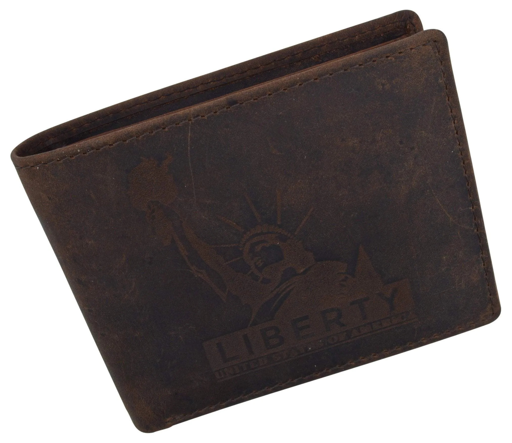 Mens RFID Blocking Cowhide Leather Bifold Wallet Statue of Liberty Logo