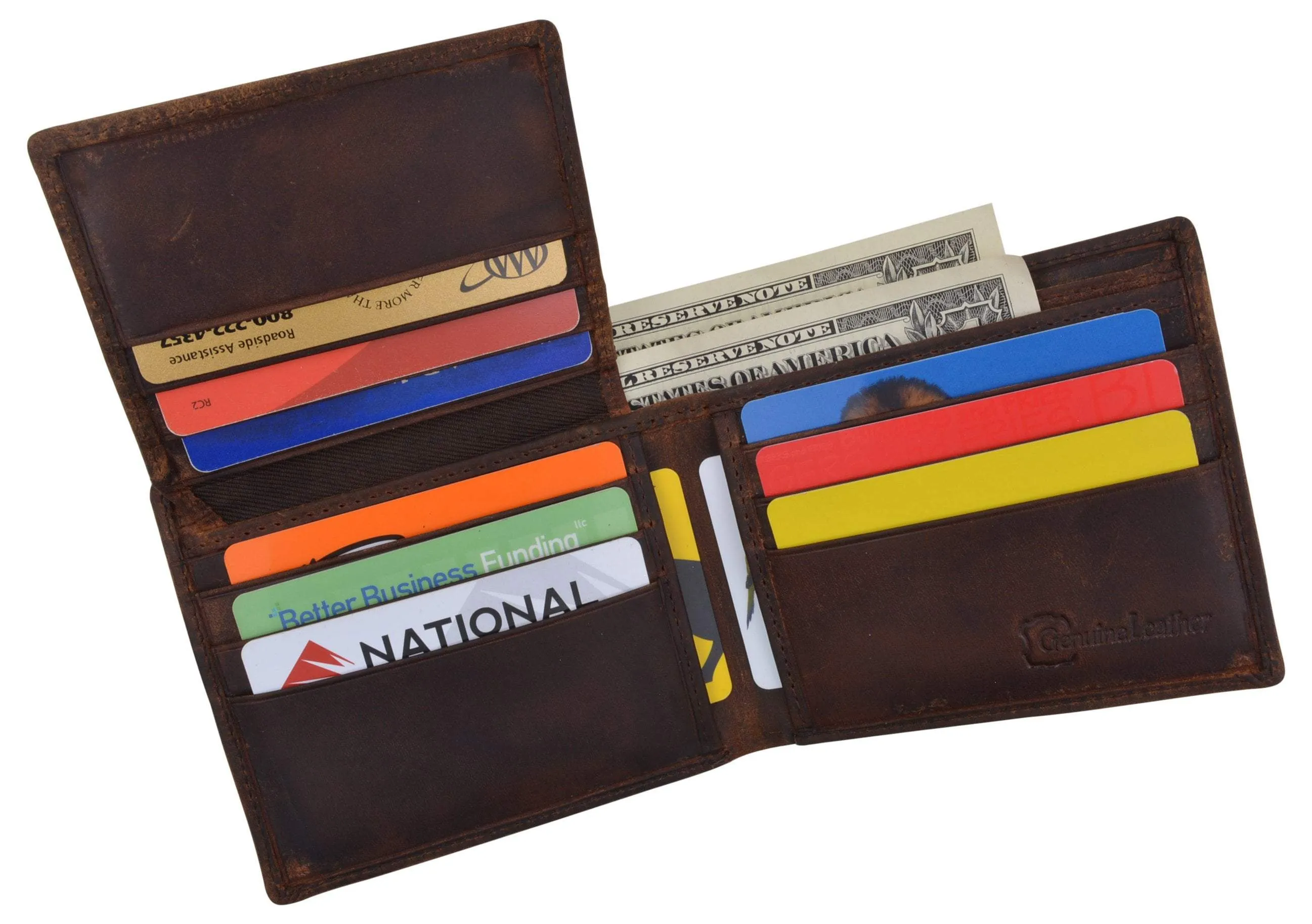 Mens RFID Blocking Cowhide Leather Bifold Wallet Statue of Liberty Logo
