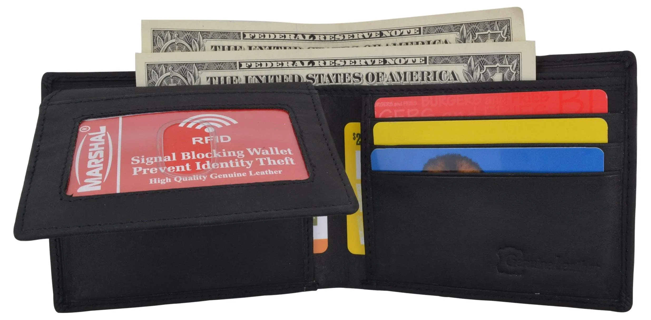 Mens RFID Blocking Cowhide Leather Bifold Wallet Statue of Liberty Logo