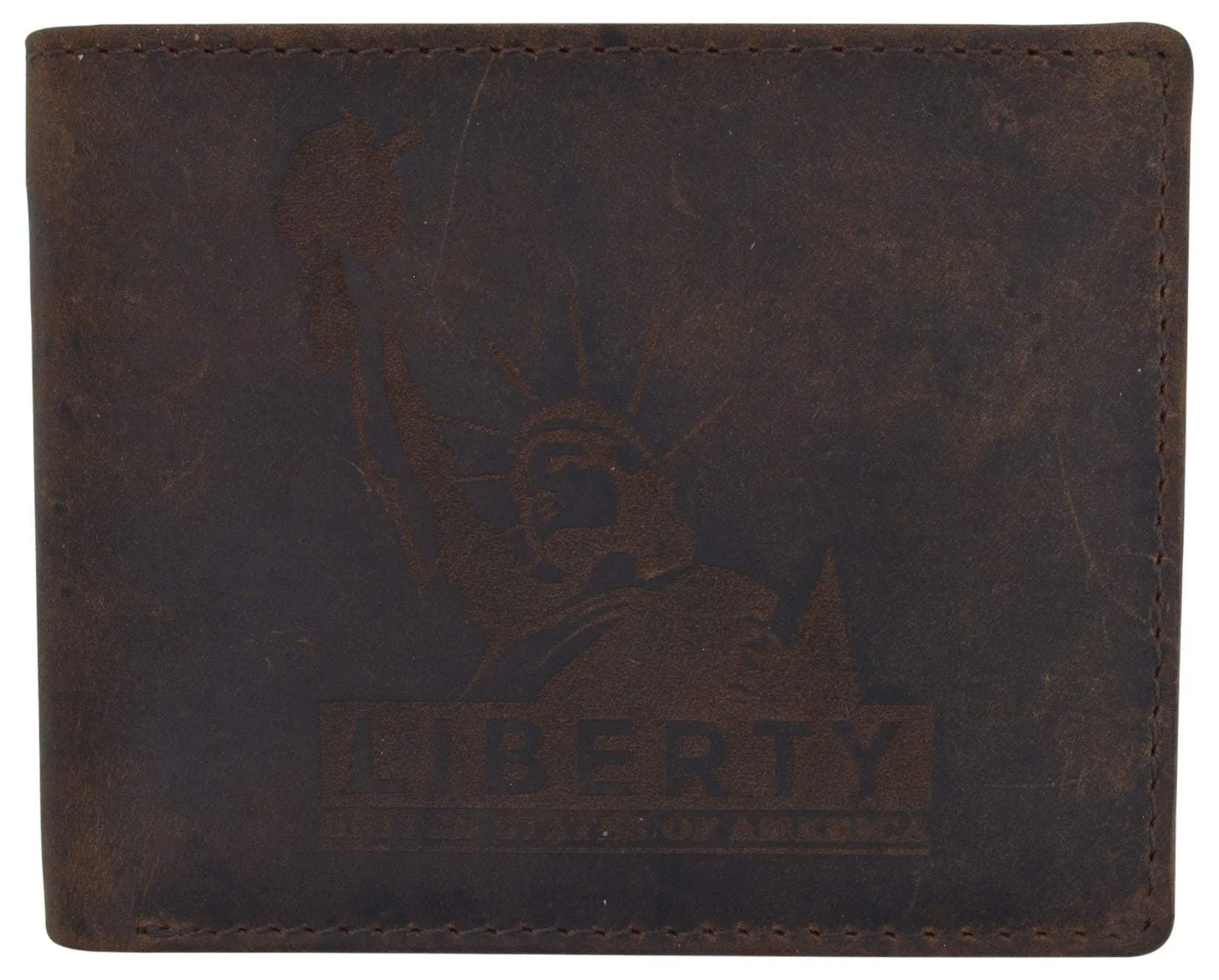 Mens RFID Blocking Cowhide Leather Bifold Wallet Statue of Liberty Logo