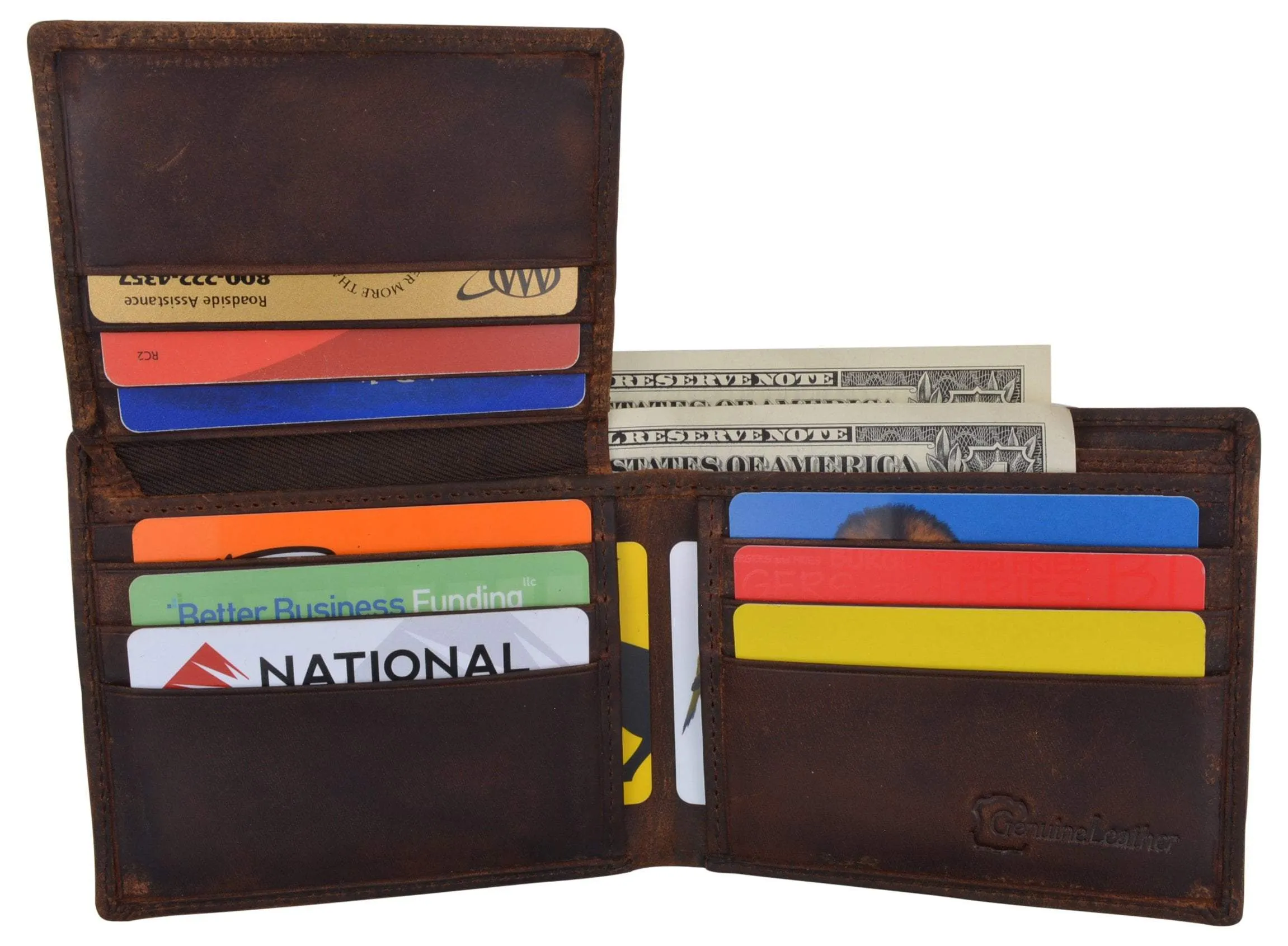 Mens RFID Blocking Cowhide Leather Bifold Wallet Statue of Liberty Logo
