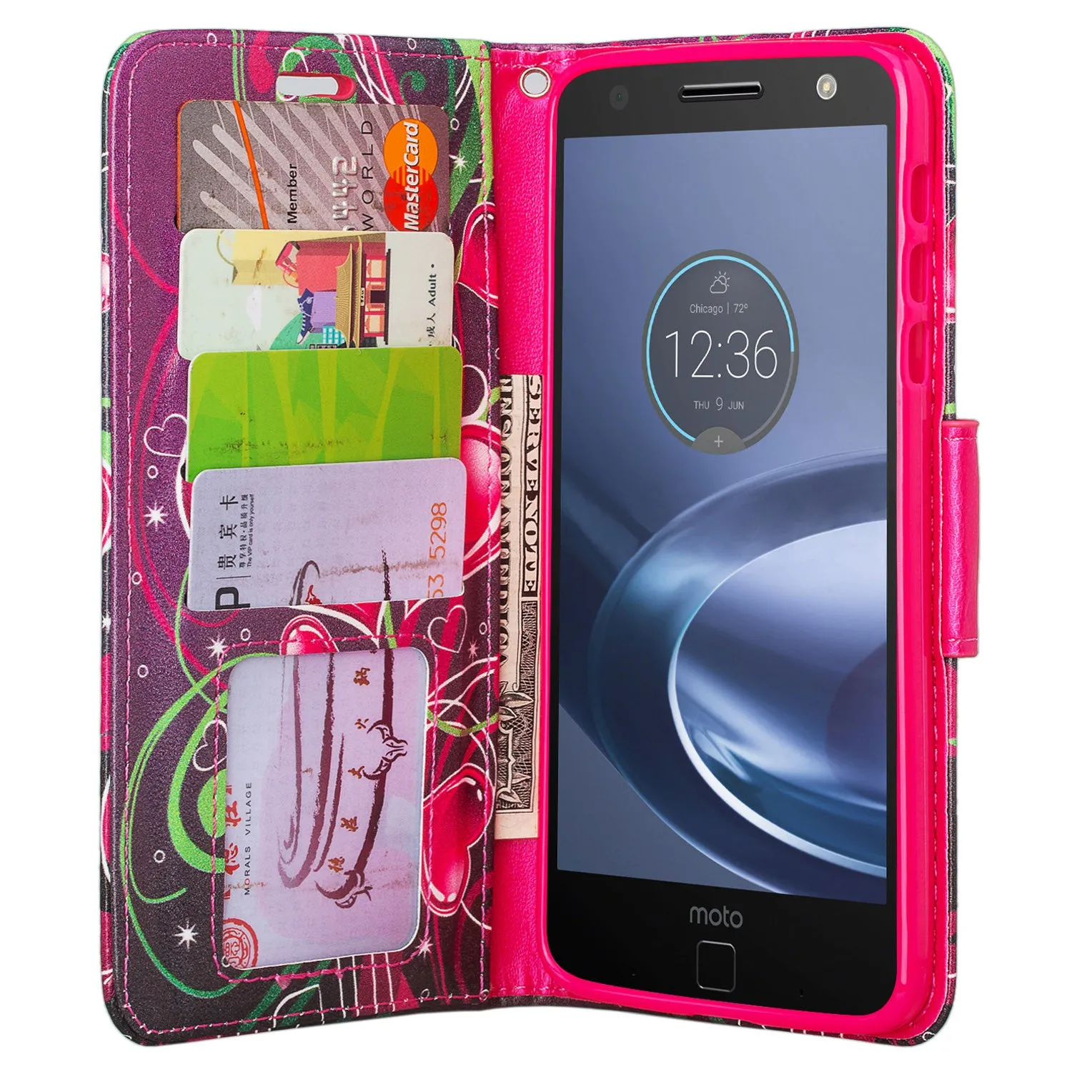 Moto Z Droid Case, Motorola Z Droid Wallet Case, Wrist Strap Flip Folio [Kickstand] Pu Leather Wallet Case with ID & Card Slots - Heart Sensation