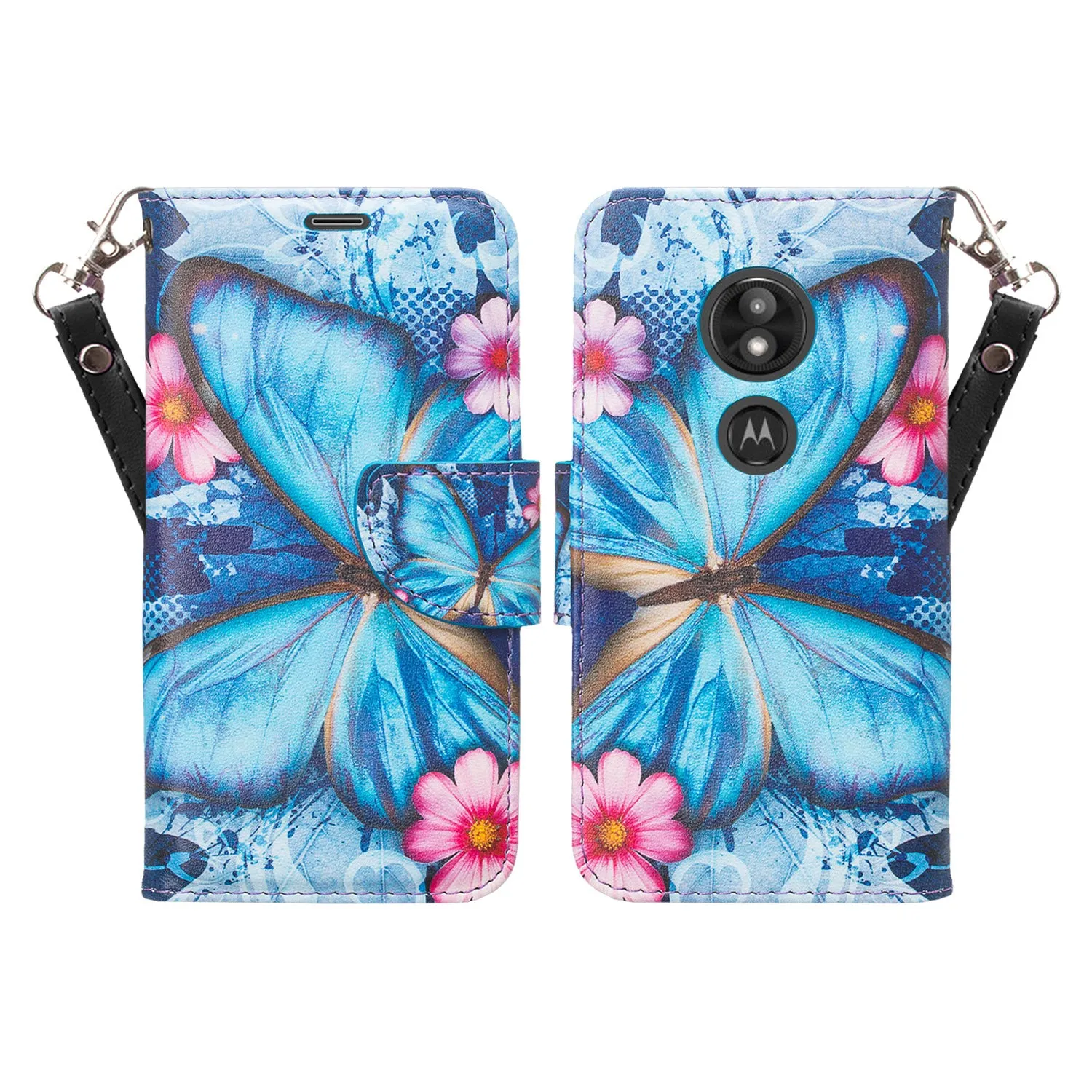 Motorola Moto G6 Play Case, G6 Forge, Wrist Strap Pu Leather Wallet Case [Kickstand] with ID & Credit Card Slots - Blue Butterfly