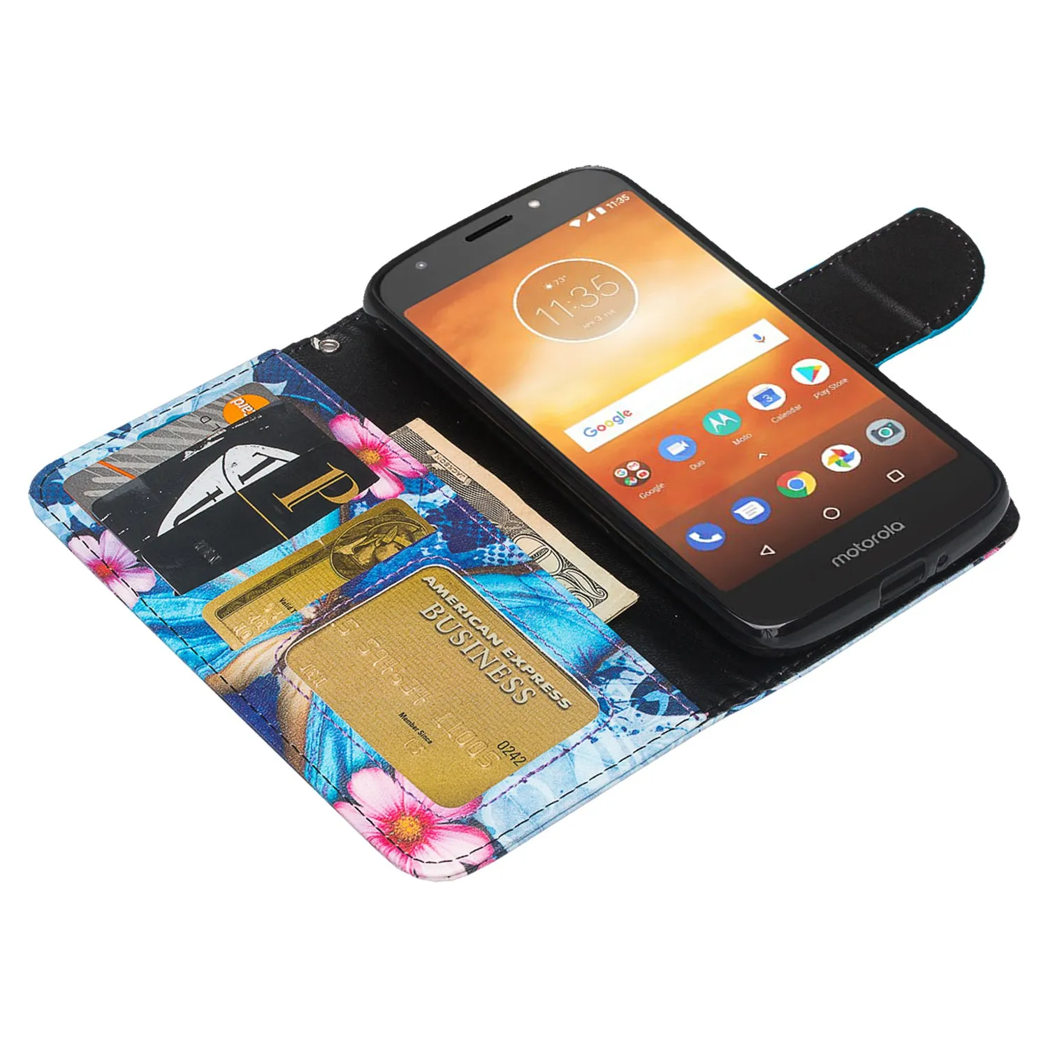 Motorola Moto G6 Play Case, G6 Forge, Wrist Strap Pu Leather Wallet Case [Kickstand] with ID & Credit Card Slots - Blue Butterfly