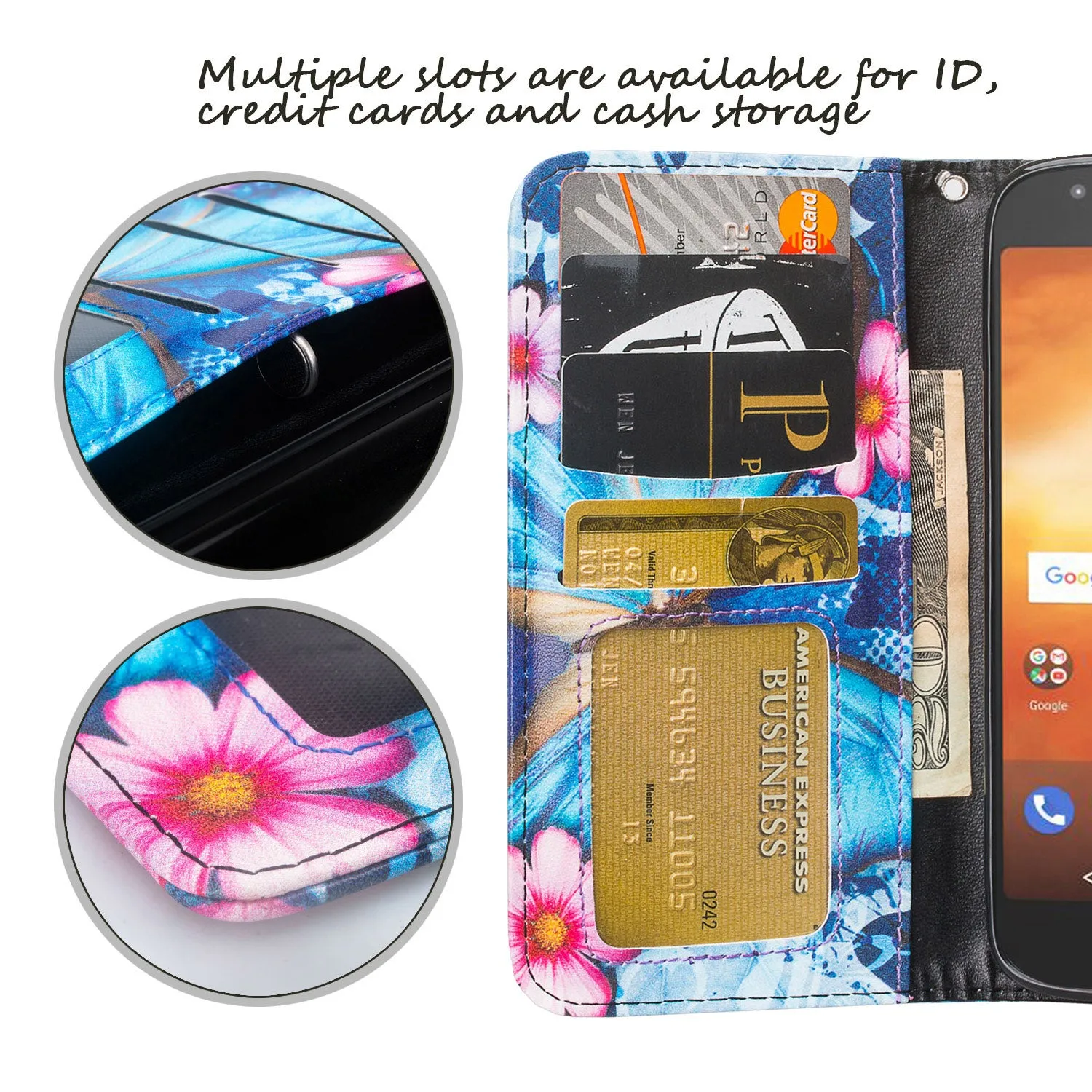 Motorola Moto G6 Play Case, G6 Forge, Wrist Strap Pu Leather Wallet Case [Kickstand] with ID & Credit Card Slots - Blue Butterfly