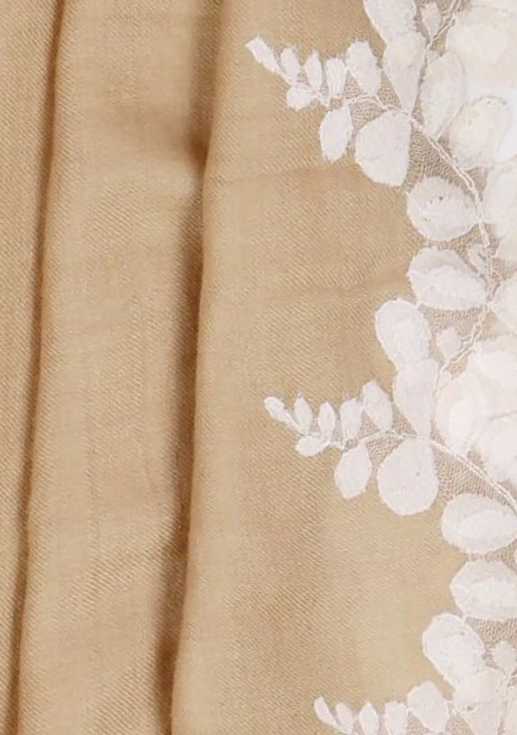 Natural Silk and Wool Scarf with a Beige Scalloped Lace Border
