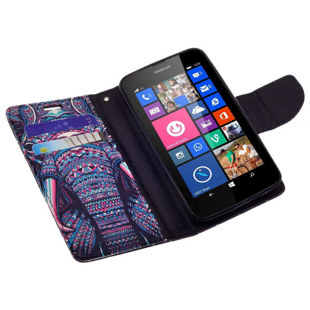 Nokia Lumia 635 Case, Nokia Lumia 635 Wallet Case, Slim Flip Folio [Kickstand] Pu Leather Wallet Case with ID & Card Slots & Pocket   Wrist Strap - Tribal Elephant
