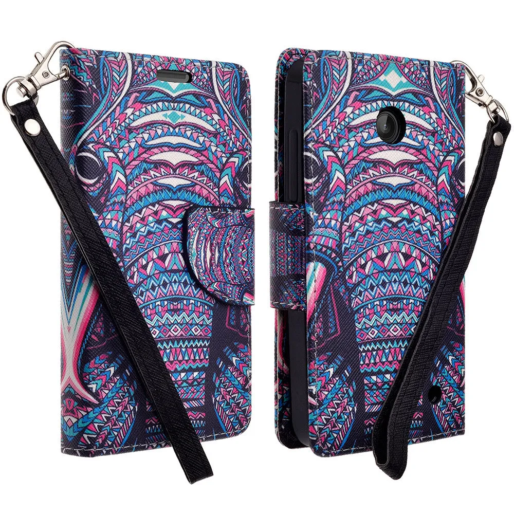 Nokia Lumia 635 Case, Nokia Lumia 635 Wallet Case, Slim Flip Folio [Kickstand] Pu Leather Wallet Case with ID & Card Slots & Pocket   Wrist Strap - Tribal Elephant