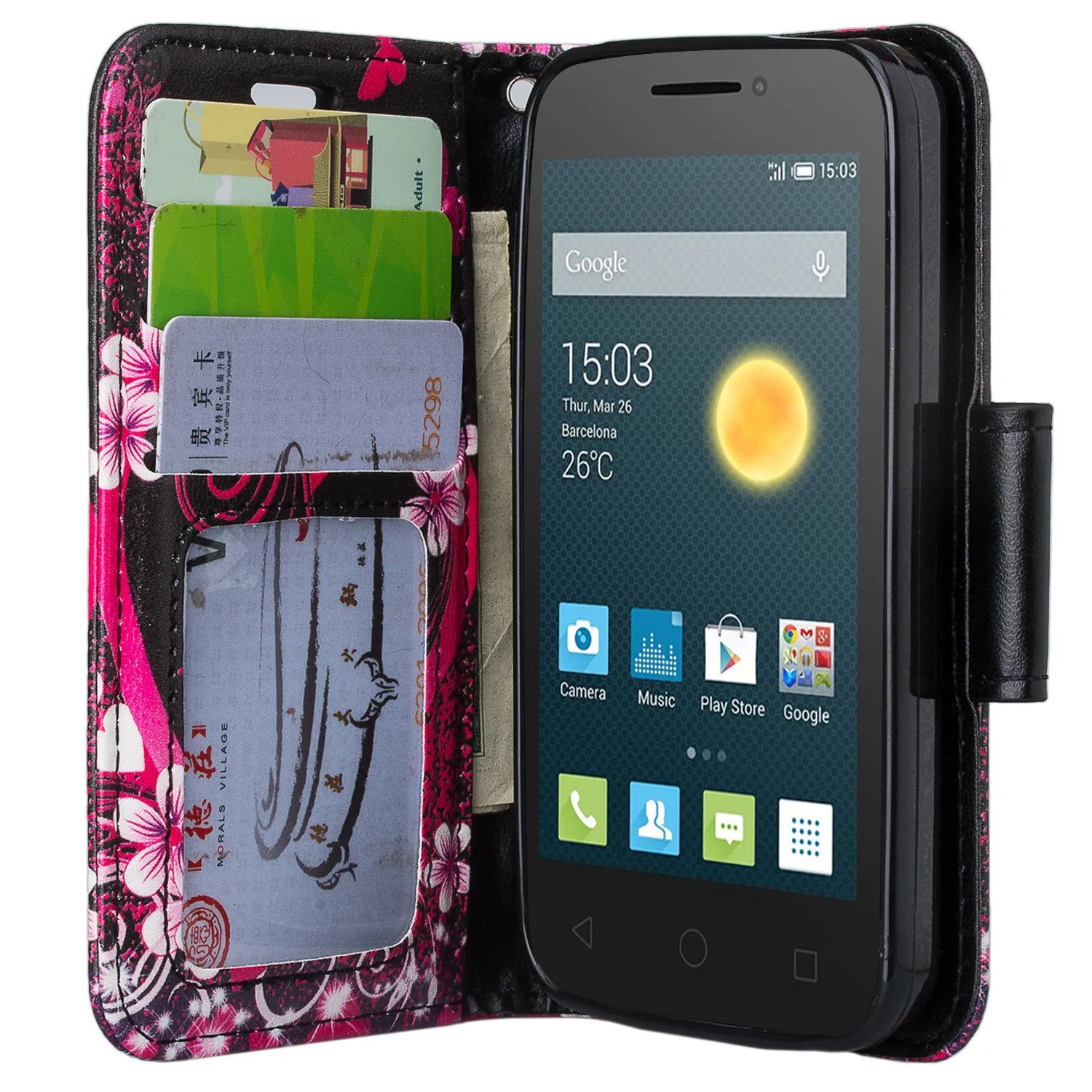 Onetouch Pixi Pulsar Case, Wrist Strap Flip Fold [Kickstand Feature] Pu Leather Wallet Case with ID & Credit Card Slots For Alcatel Onetouch Pixi Pulsar - Hot Pink Hearts