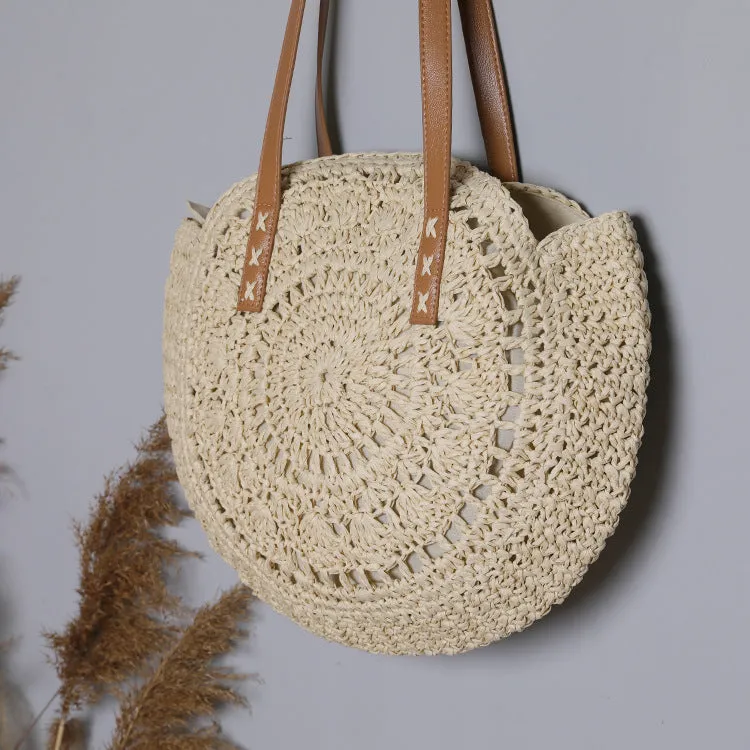 Paziye Summer Round Straw Bags Handmade Woven Beach Handbags