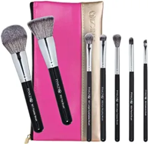 PINKZIO Makeup Brushes, 7 PCS Travel Professional Synthetic Makeup Brush Set with Bag,Foundation Contour Powder Concealer Eye Shadow Make Up Brush Kit, Black