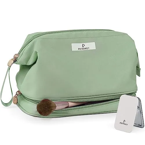 Pocmimut Makeup Bag,Cosmetic Bag for Women Travel Makeup Bag for Girls Large Double Layers Make Up Brush Bags Toiletry Bag for Women(Lucky Green)