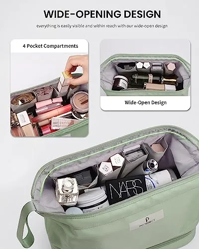 Pocmimut Makeup Bag,Cosmetic Bag for Women Travel Makeup Bag for Girls Large Double Layers Make Up Brush Bags Toiletry Bag for Women(Lucky Green)