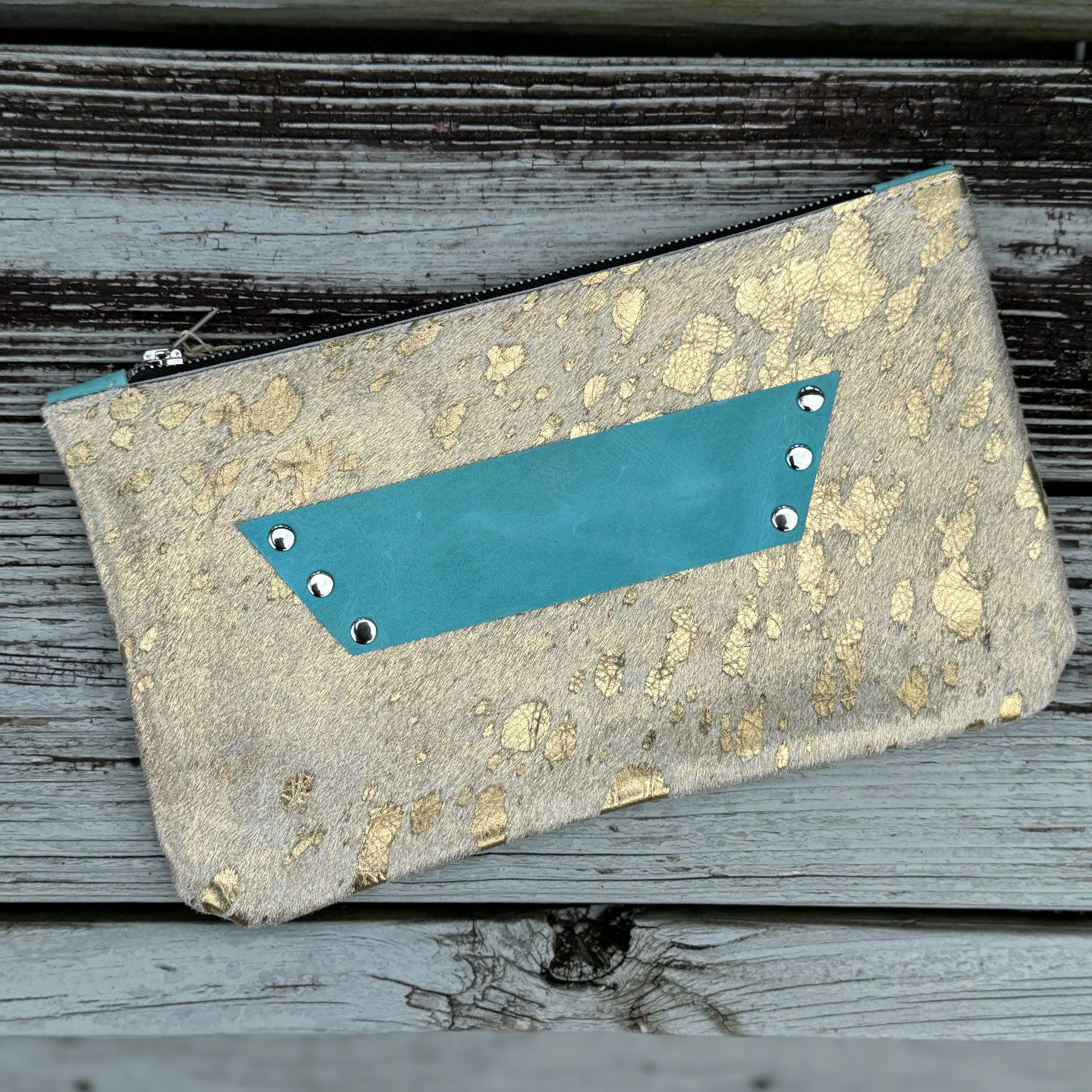 [raleigh leather] Clutch - Gold Acid Wash   Aqua